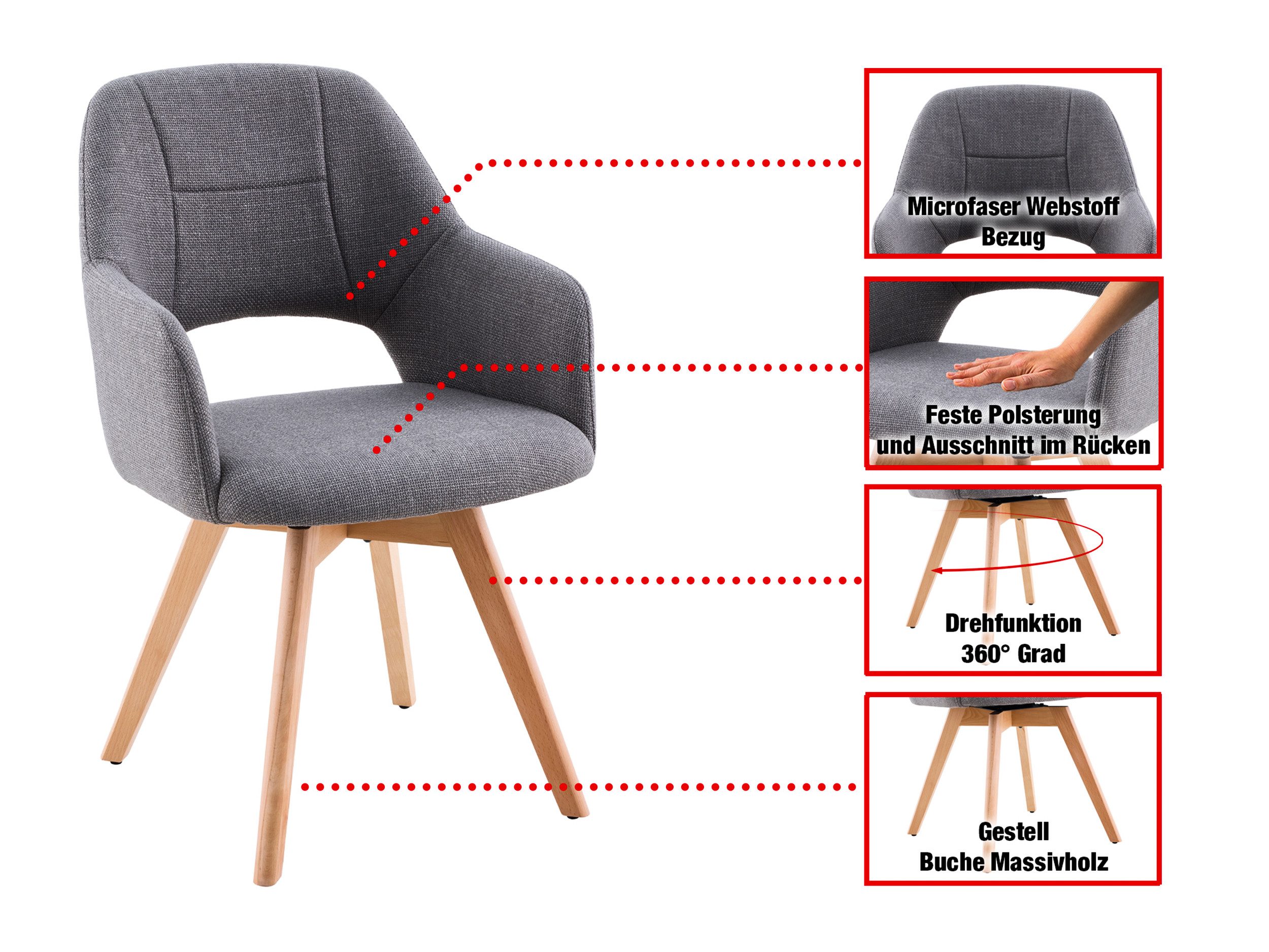 Massivart® Polsterstuhl 360 Grad drehbar, Esszimmerstuhl mit Armlehnen, Webstoff, »STADE«, Gestell Buche massiv unbehandelt • Sitz fest gepolstert • BOHO Stil