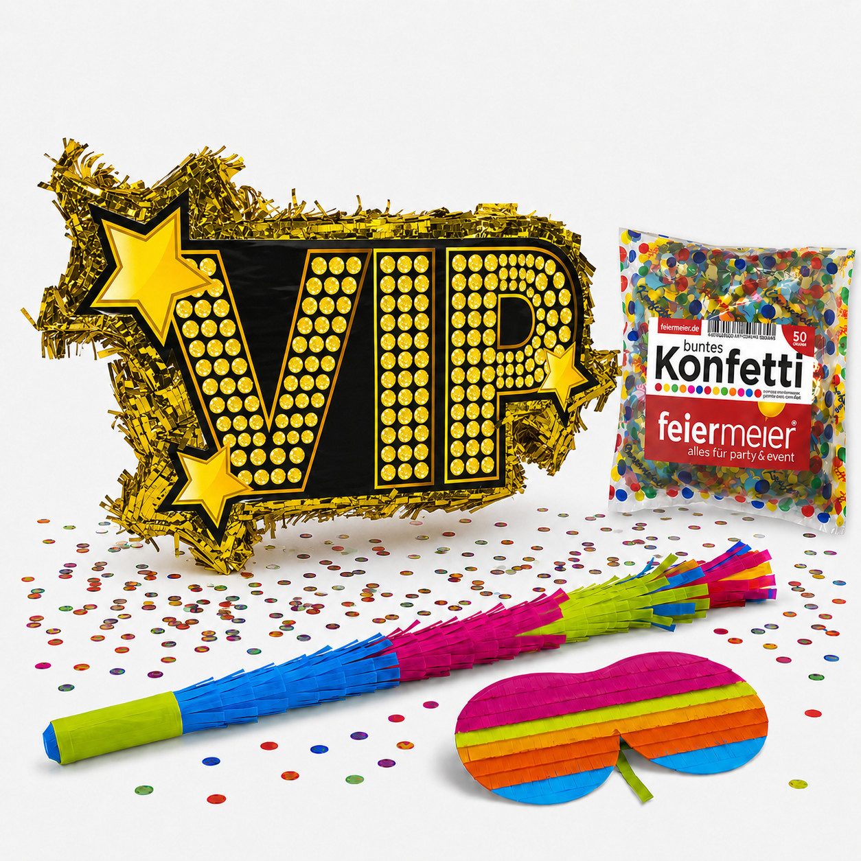 feiermeier Pinata Pinata-Set, 4-tlg. mit Augenmaske, Schlagstock un