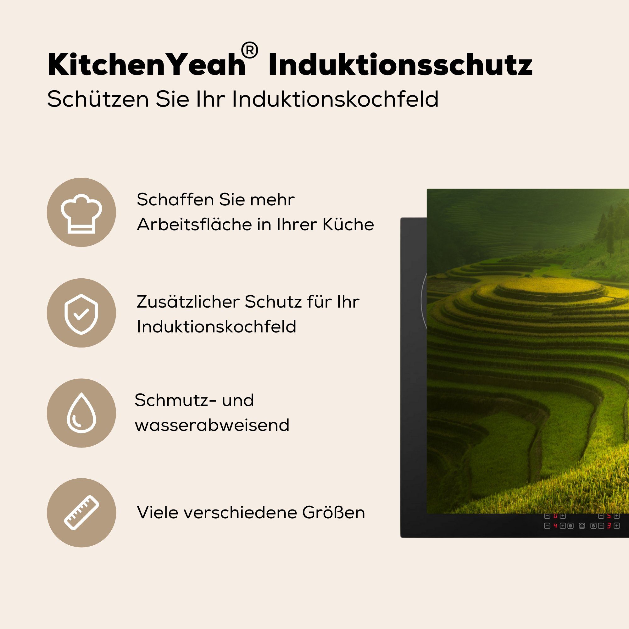 Reisfeldern, tlg), die Vinyl, MuchoWow auf Landwirte 81x52 cm, Schutz küche, Ceranfeldabdeckung (1 Induktionskochfeld Herdblende-/Abdeckplatte für