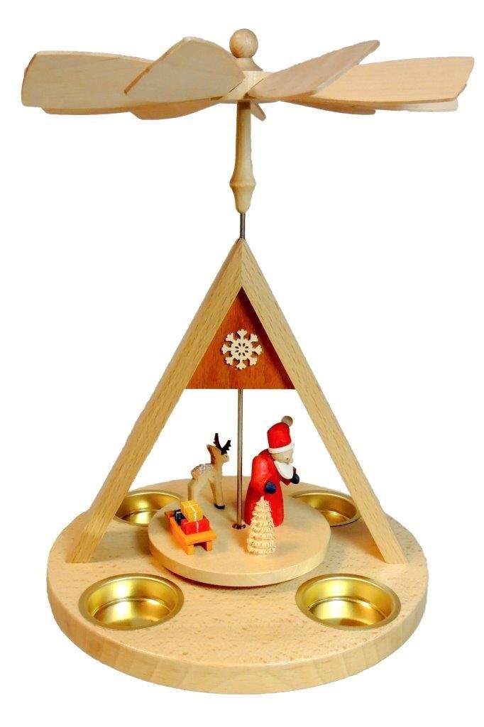 Richard Glaesser Weihnachtspyramide Santa mit Rentier für Teelicht, Höhe 27cm, Handwerkskunst original Erzgebirge