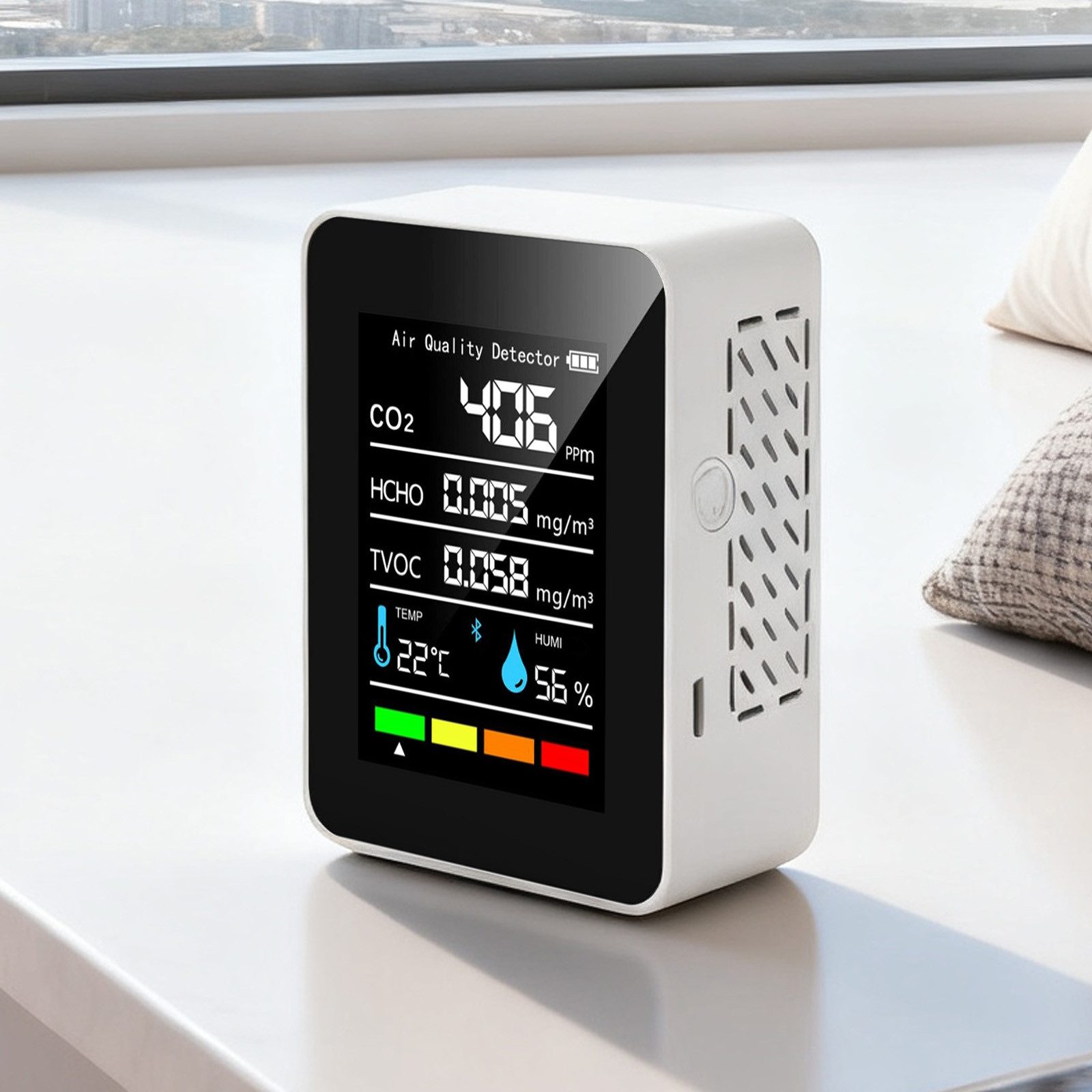 MODFU Raumluft-Qualitätssensor Luftqualitätsmesser Raumluftmonitor CO₂ HCHO TVOC Detektor, (mit USB-C-Ladung 1200 mAh Akku, 1-St., mit LED-Display Temperatur- Feuchtigkeitsanzeige Digitales CO₂-Alarm), Erfassung von CO₂ HCHO TVOC Temperatur und Feuchtigkeit