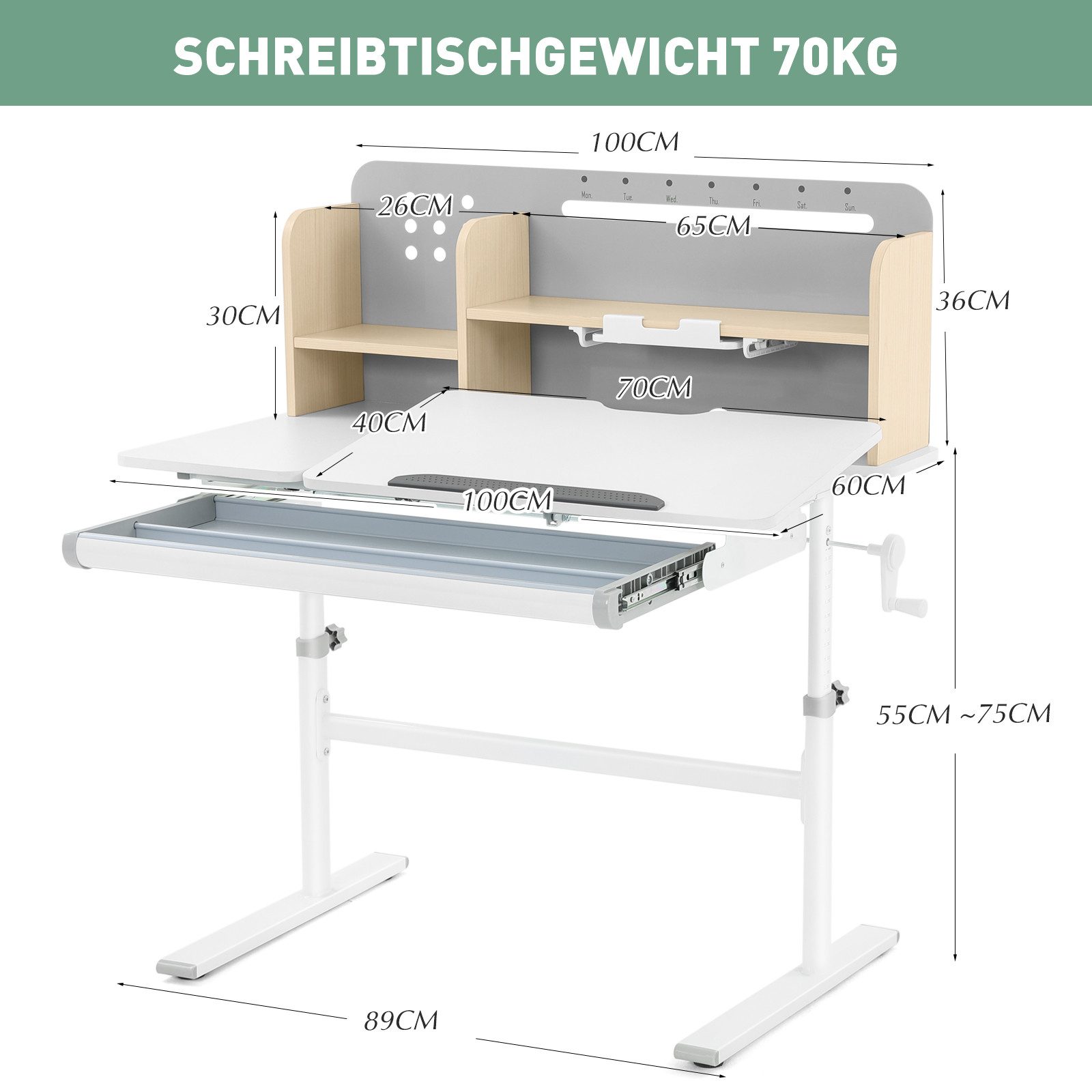 JOYLDIAS Kinderschreibtisch Höhenverstellbar Studiertisch für Kinder (1-St), mit Bücherregale Schubladen und Haken,100 x 60 x 55-75 cm