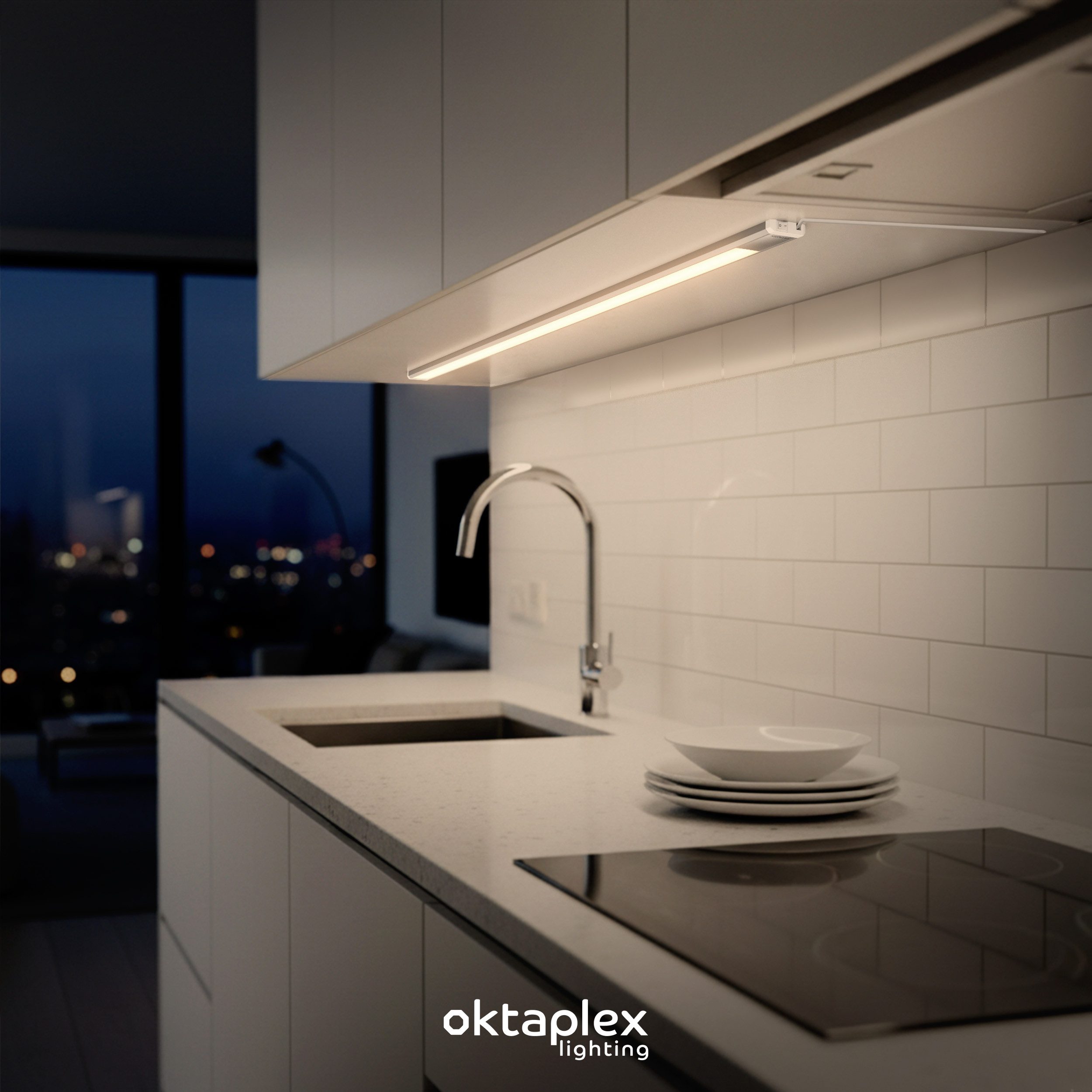 Oktaplex lighting LED Unterbauleuchte flach Unterbauleuchte Küche LED 120cm Alu 1380lm 17,5W, LED, warmweiß, 3000K Lichtleiste Küche Aluminium mit Schalter
