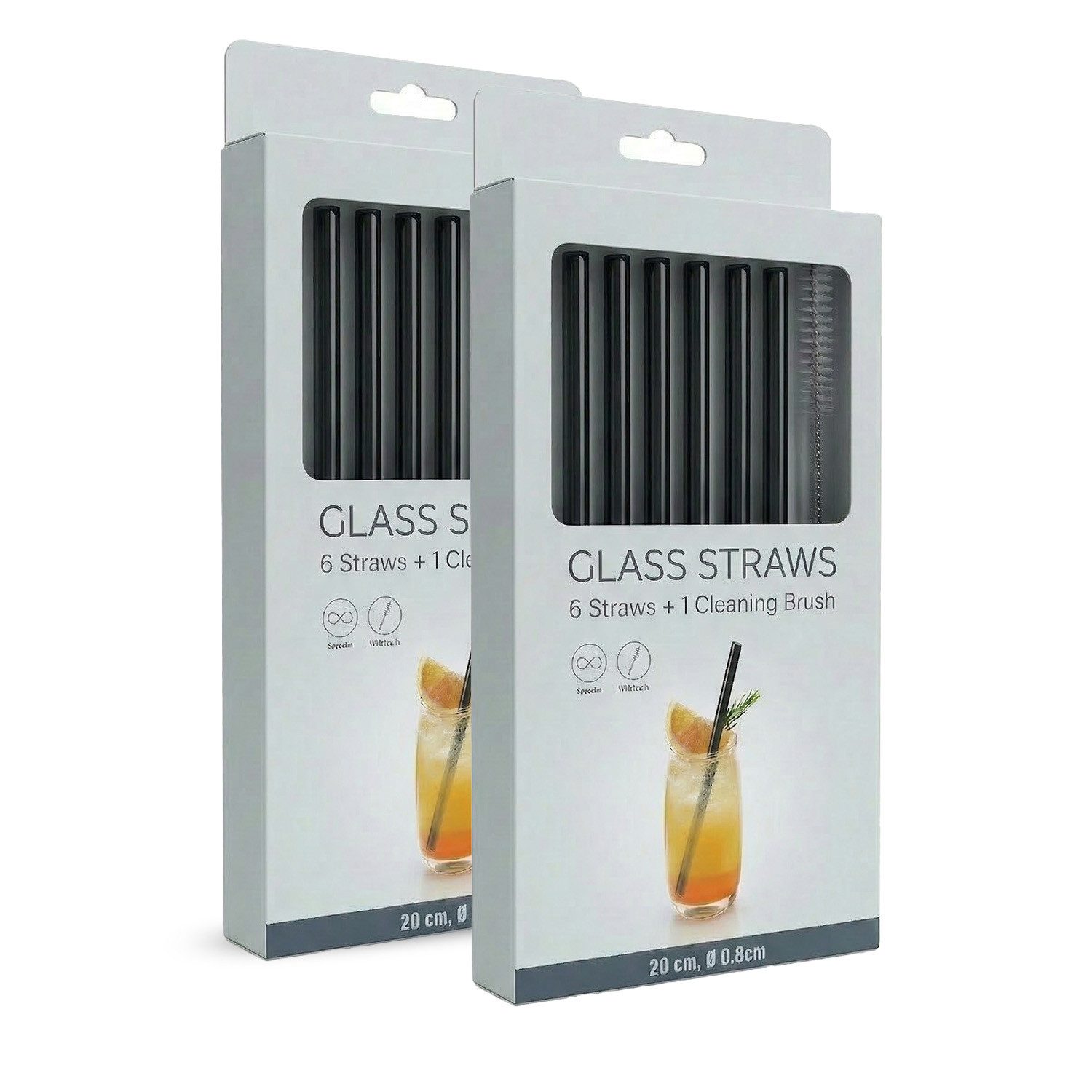 PerloPur Trinkhalme 12 Glasstrohhalme schwarz (gerade) Trinkhalme mit 2 Reinigungsbürsten, (12 Strohhalme aus Glas und zwei Reinigungsbürsten), 12 Strohhalme aus Glas