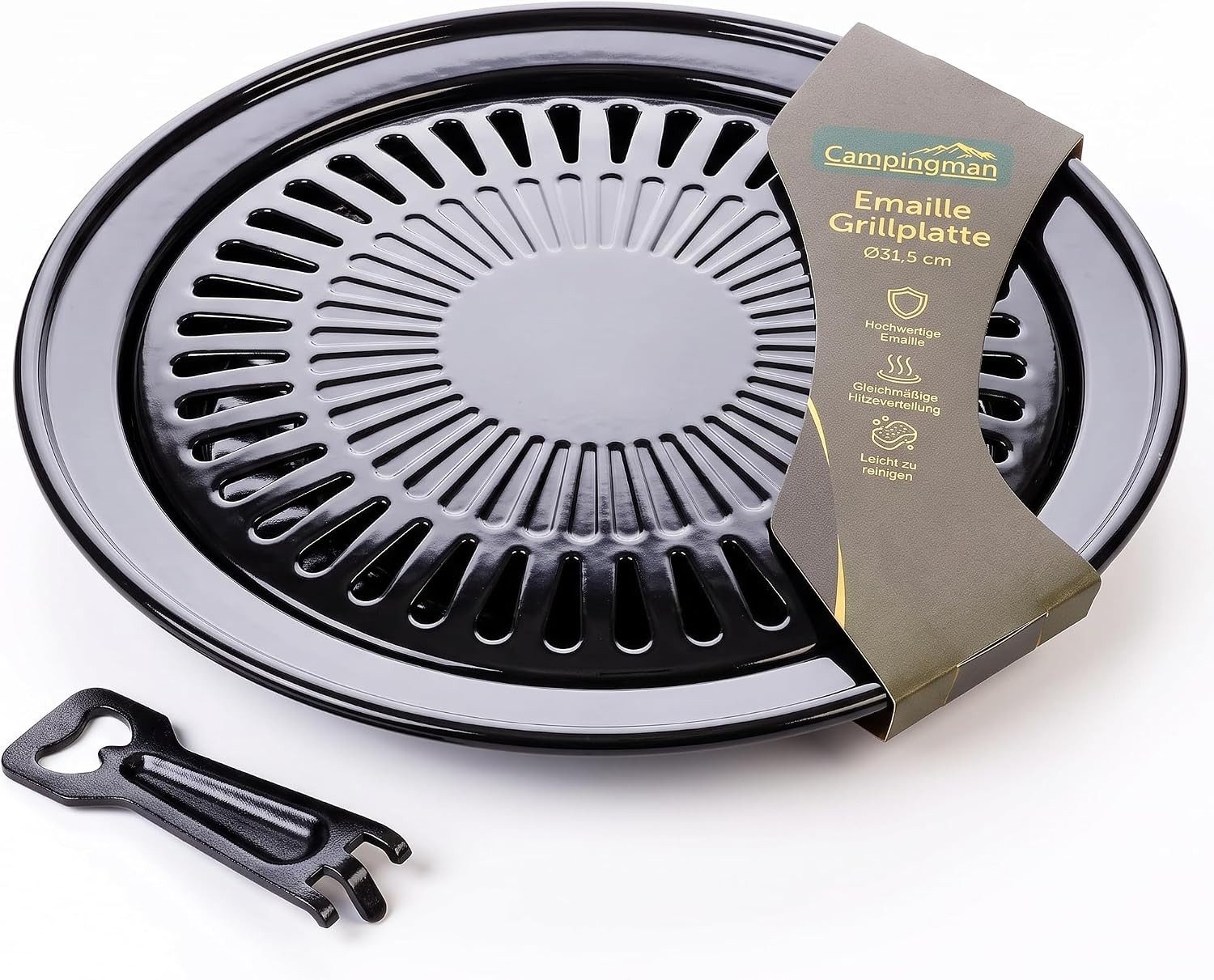 Campingman Grillplatte Campingman Grillplatte für Gaskocher Ø 31,5 cm (Grillzubehör-Set, 1-St., Grillplatten-Set mit Fettauffangschale & Griff für Camping), Stabil für Camping, Outdoor & Picknick