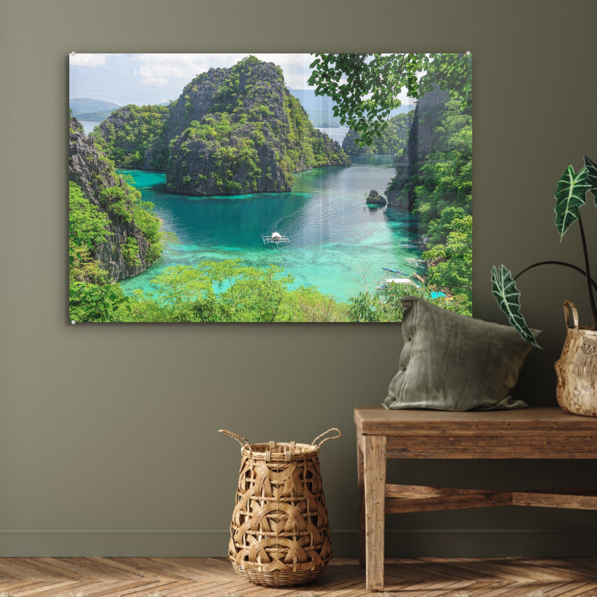 (1 Boot, durch Der die St), Acrylglasbilder Wohnzimmer herrliche die & Bucht ein Blick der Schlafzimmer MuchoWow auf Acrylglasbild Coron, Insel