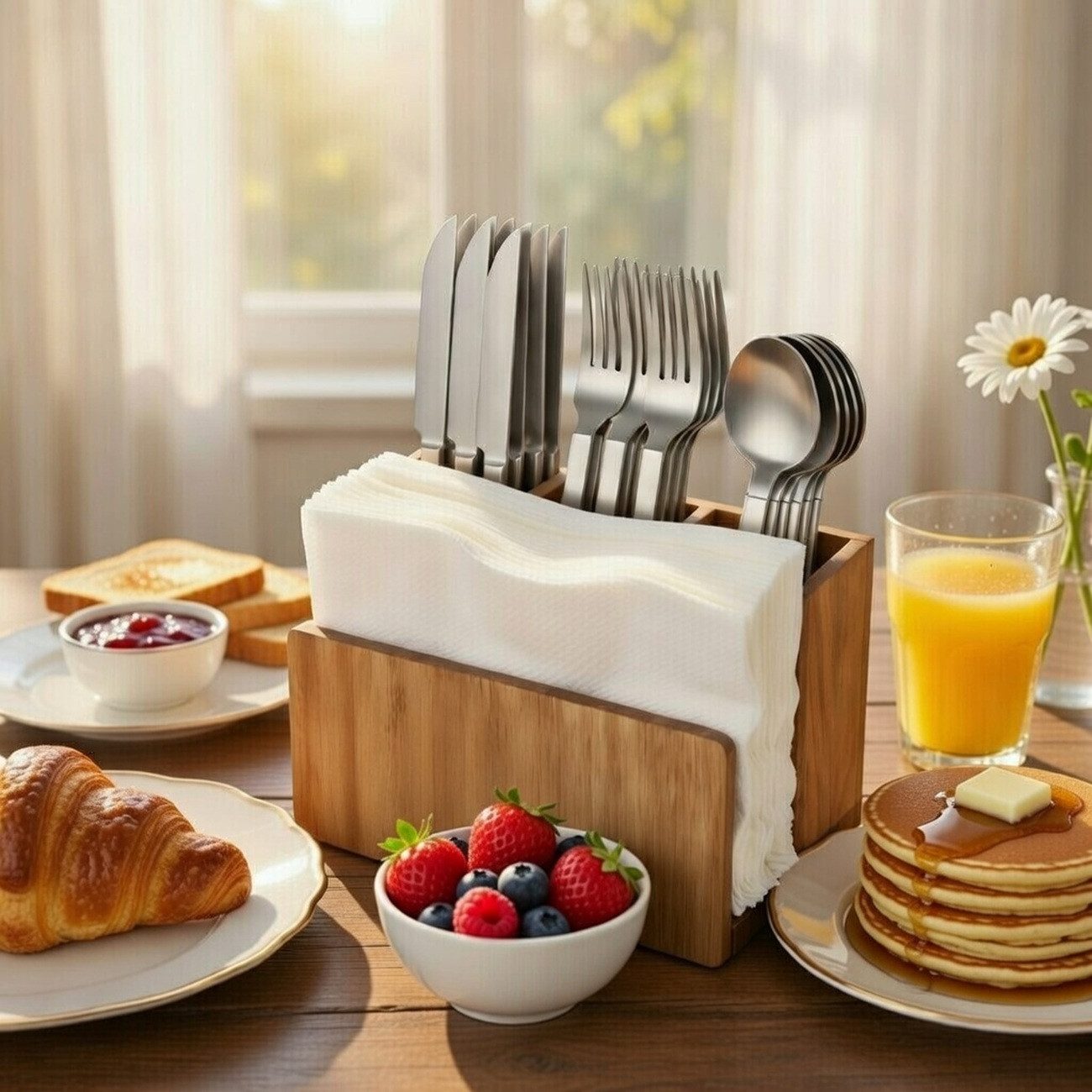 Cheffinger Besteckhalter aus Holz mit 3 Besteckfächern + Serviettenfach, für Küche & Garten, (1-tlg), für Küche & Garten
