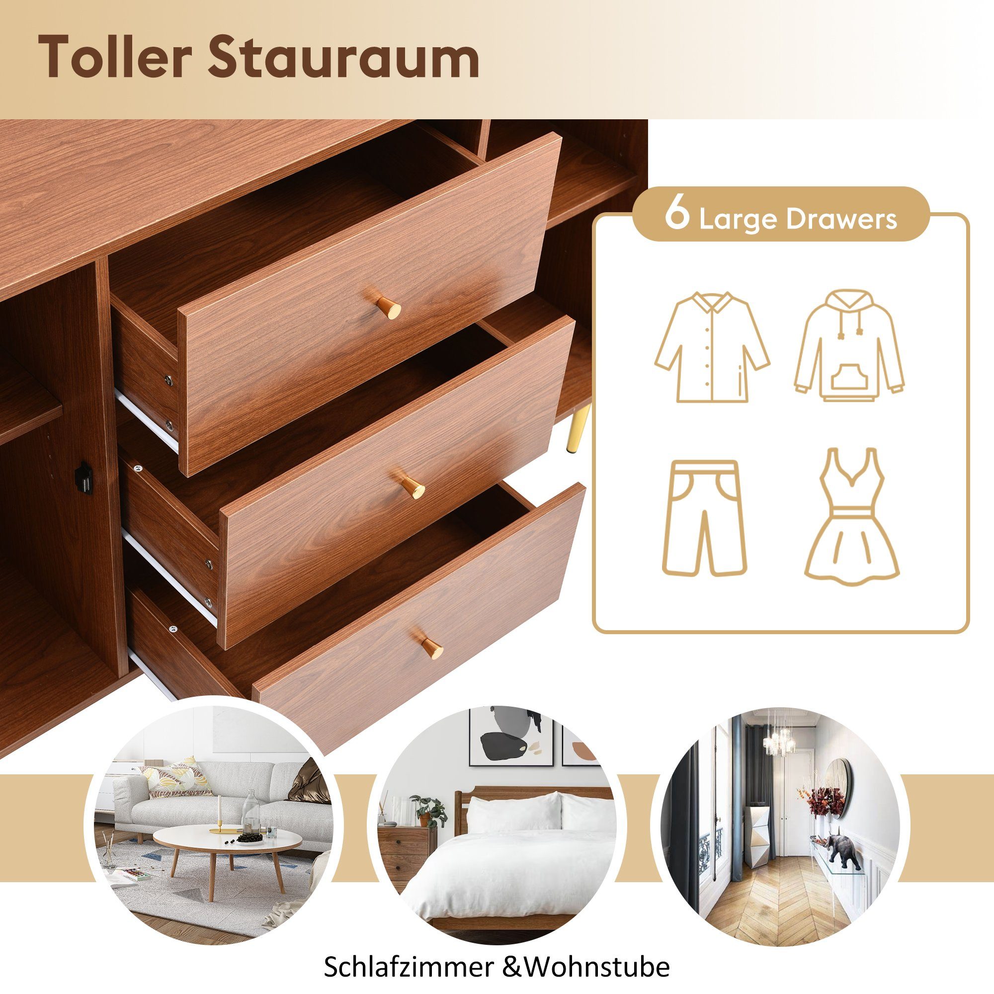 Flieks Kommode, Sideboard 3 Schubladen 2 Türen Rattan Nussbaum 150x40x90cm