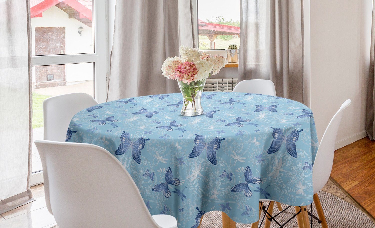 Abakuhaus Tischdecke Kreis Tischdecke Abdeckung für Esszimmer Küche Dekoration, Schmetterling blaue Libellen