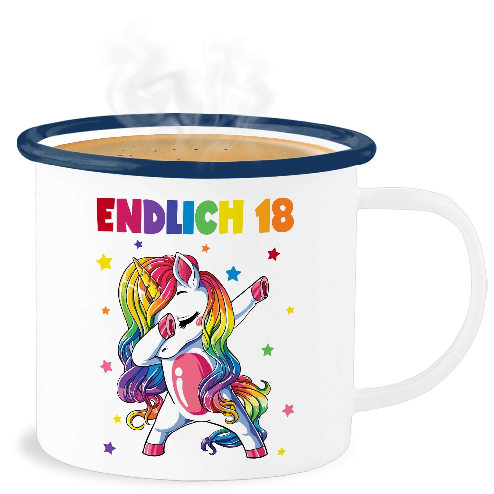 Shirtracer Becher Endlich 18 Jahre - Achzehn Jahre Dabbing Einhorn, Stahlblech, 18. Geburtstag Tasse 3 Weiß Blau