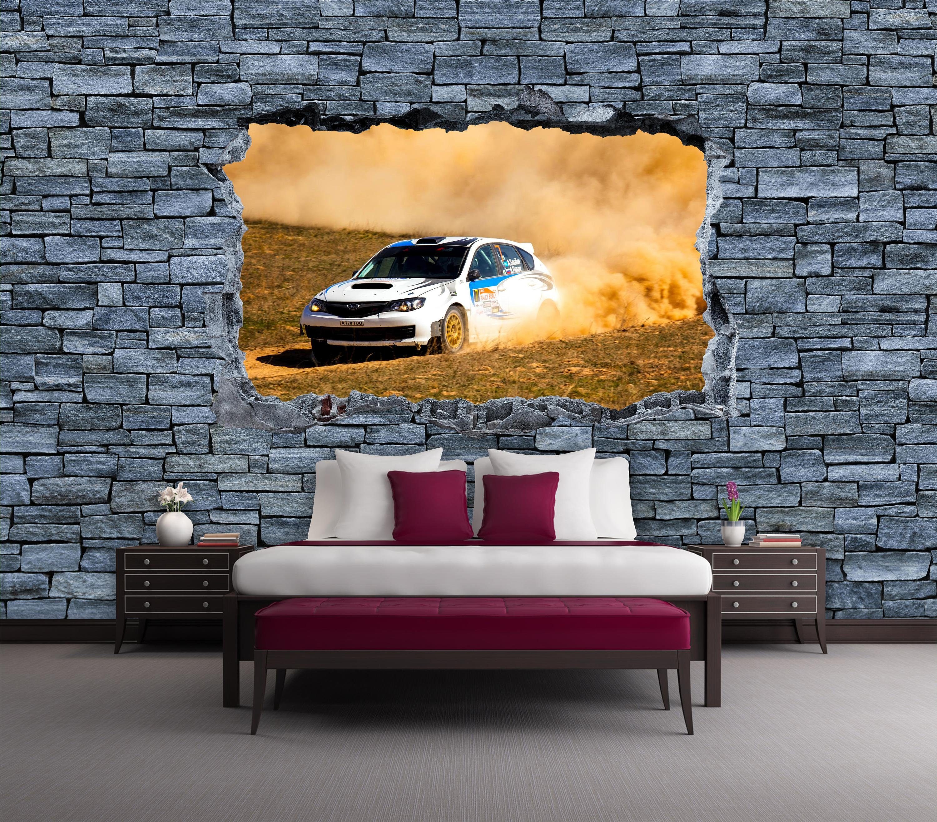 wandmotiv24 - Wandtapete, Steinmauer, grobe glatt, 3D Fototapete Auto Rallye Motivtapete, Vliestapete matt,