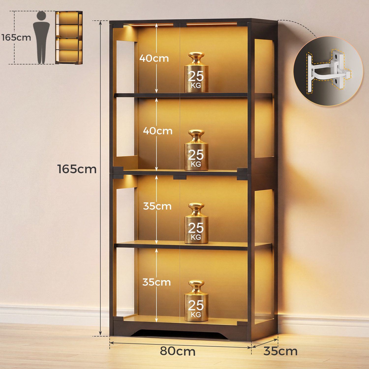 HOMALL Glasvitrine mit RGB-LED-Beleuchtung Standvitrinen, vitrine Wohnzimmer (165*80*35 cm große multifunktionale Vitrine mit App-/manueller Beleuchtungssteuerung, vier Ebenen mit doppelten Türen und unabhängigen Glasvitrinen sowie einer Gesamtbelastbarkeit von bis zu 100 kg)