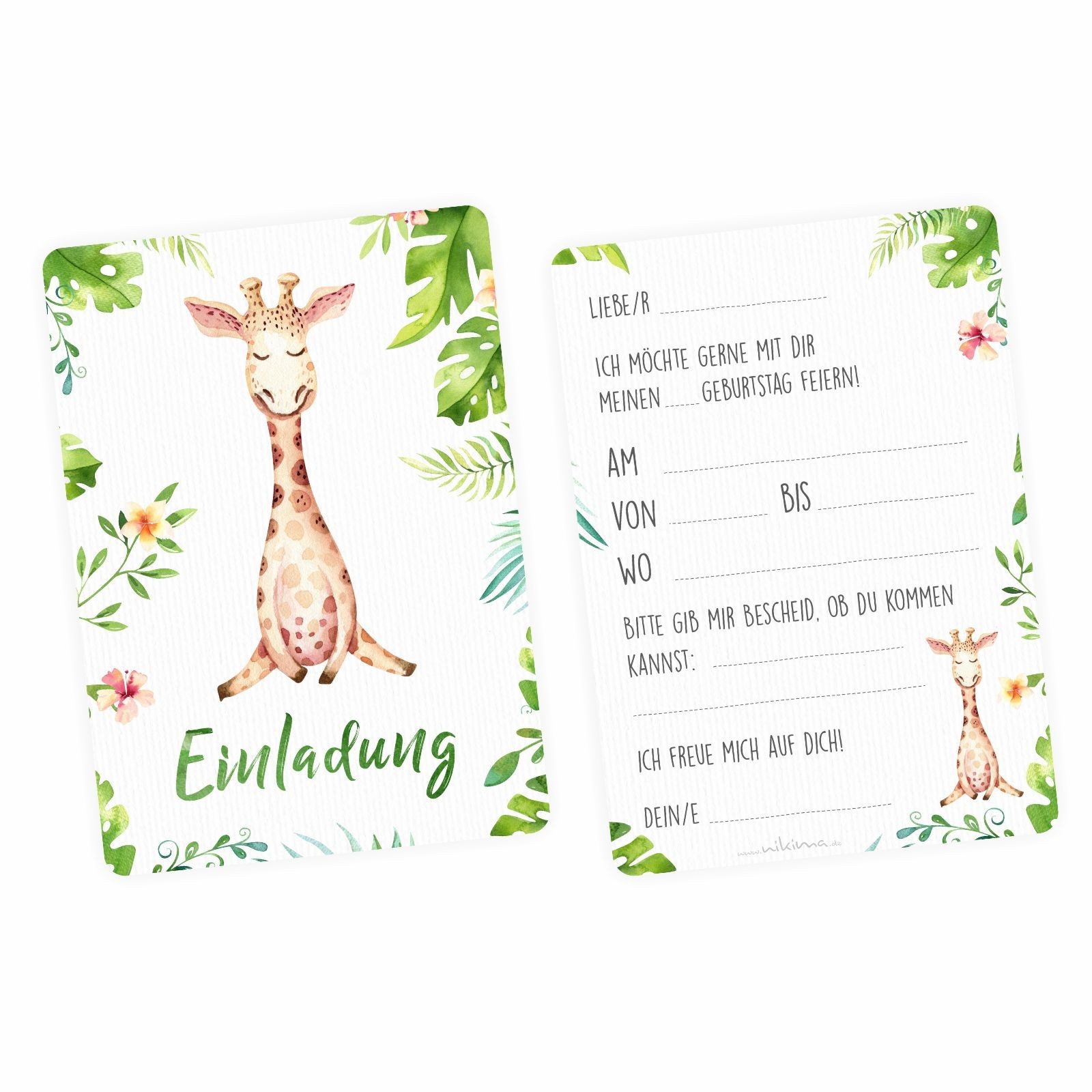 nikima Einladungskarten 10 Einladungskarten Giraffe Dschungel grün inkl. 10 Briefumschlägen
