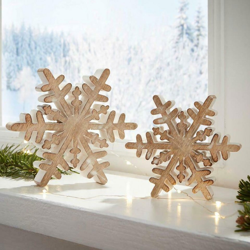 Home-trends24.de Weihnachtsfigur Holz Deko Schneeflocken Weihnachtsdeko  Figur Set Fensterdeko 2er Set