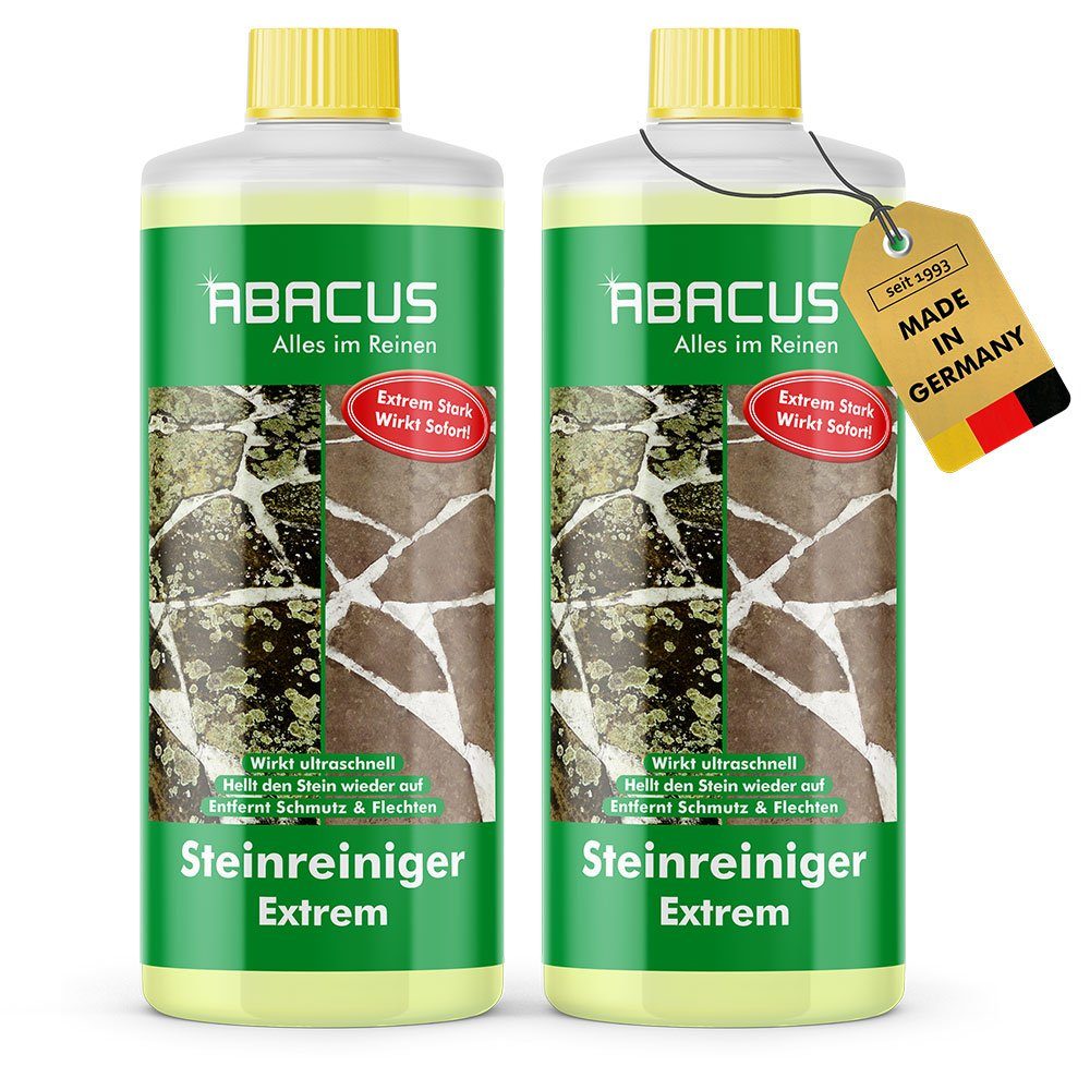 ABACUS Steinreiniger Extrem, Flechtenentferner, Steinreiniger Intensiv außen Grünbelagentferner (Entfernt sofort Algen, Schmutz, Grünbelag und Flechten, [- 2x1000ml Steinreiniger Extrem mit Sofortwirkung)