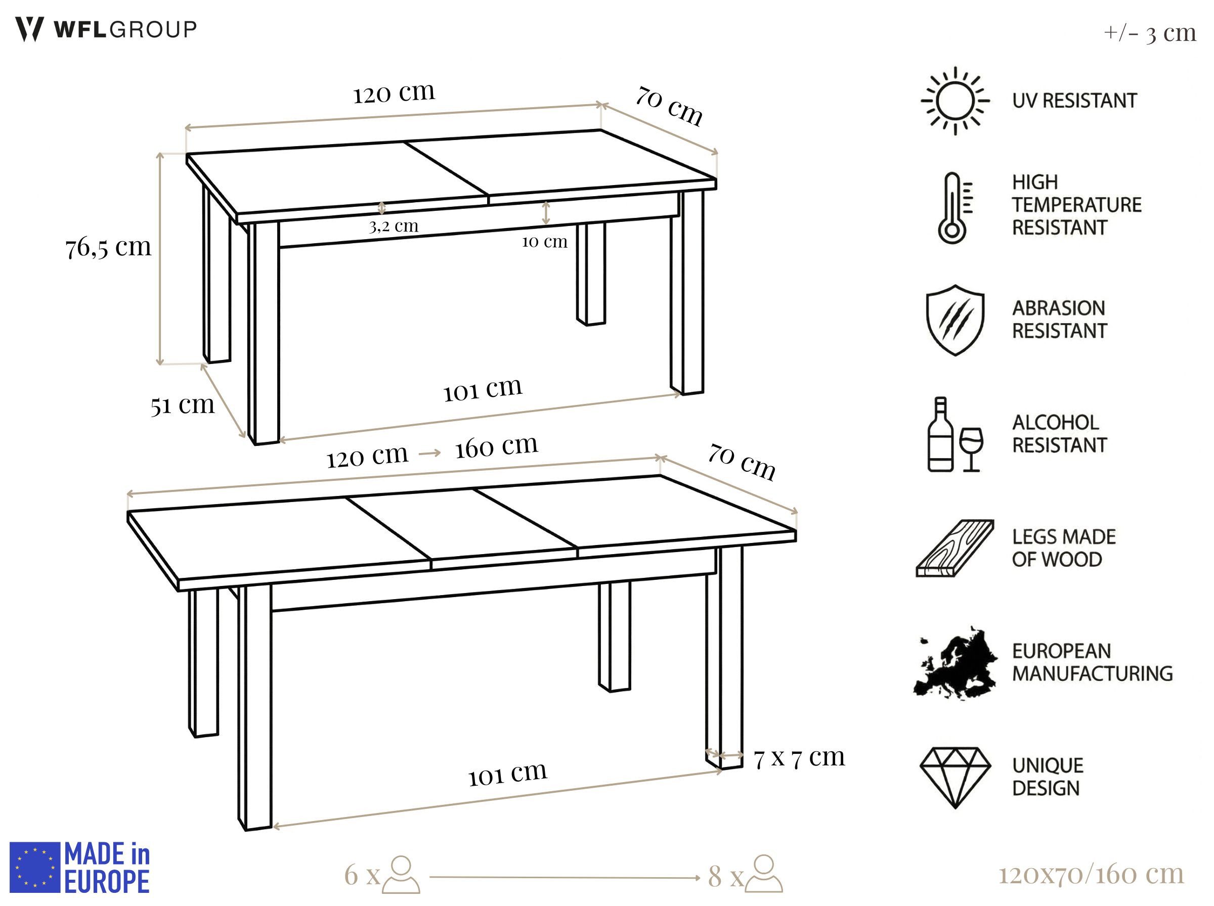 WFL GROUP Esstisch Lindberg ausziehbar verlängerbar rechteckig mit schwarzen Holzbeinen (MADE IN EU, XXL Groß– 120/140/150/160/200 cm ausziehbar auf 160/180/190/240/300 cm), platzsparender Tisch in Holzoptik für Küche, Esszimmer oder Wohnzimmer