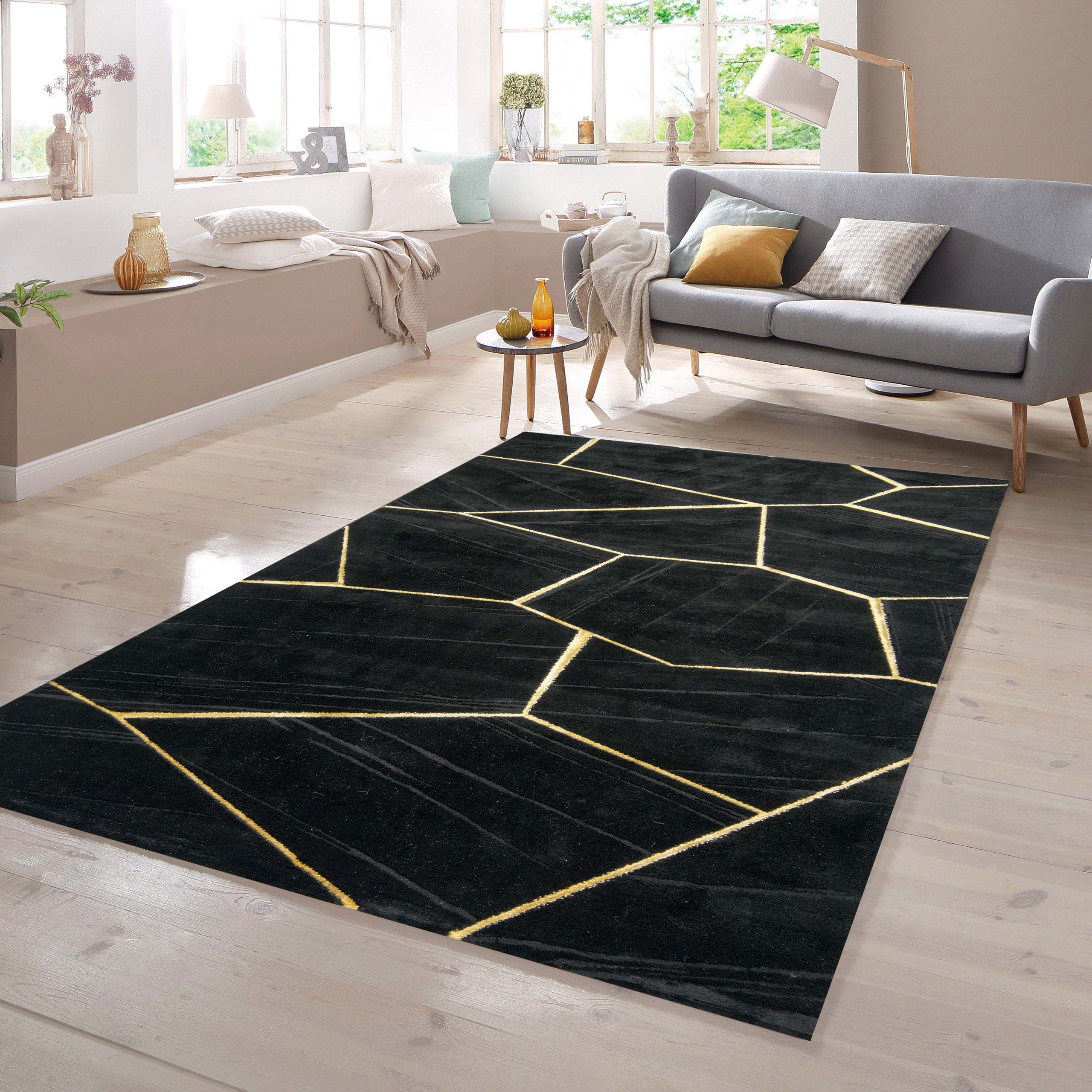 Teppich Wohnzimmerteppich geometrisches Muster in schwarz gold, TeppichHome24, rechteckig