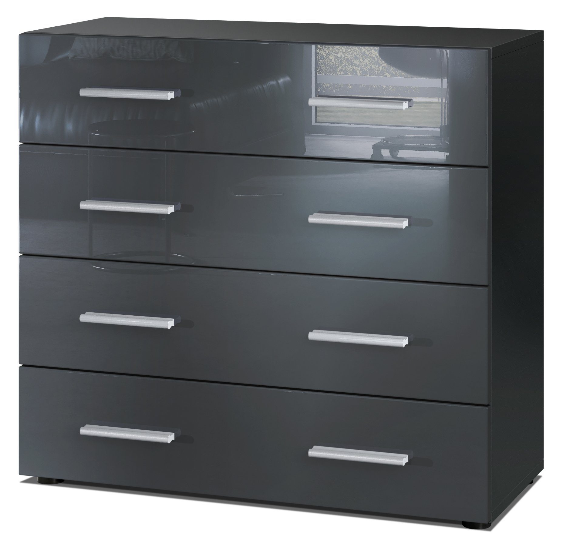 Vladon Kommode Pavos V1 (Kommode, ​mit 4 Schubladen), Schwarz matt/Grau Hochglanz (76 x 72 x 35 cm)