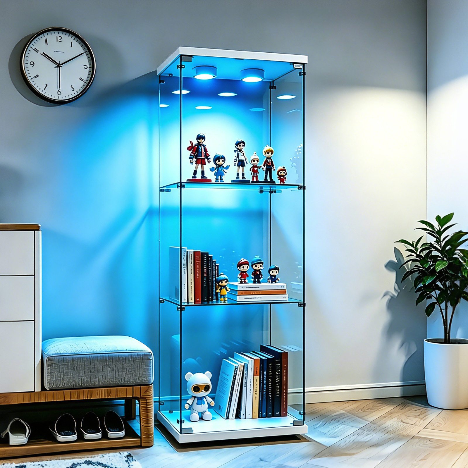 Simurq Glasvitrine mit LED Beleuchtung Standvitrine mit Glastür,Eckvitrine Glas (1-2 Packungen, Vitrinenschrank mit 1 türen,Schloss) Glas vitrine aus Gehärtetes Glas,Sammlervitrine Stehend