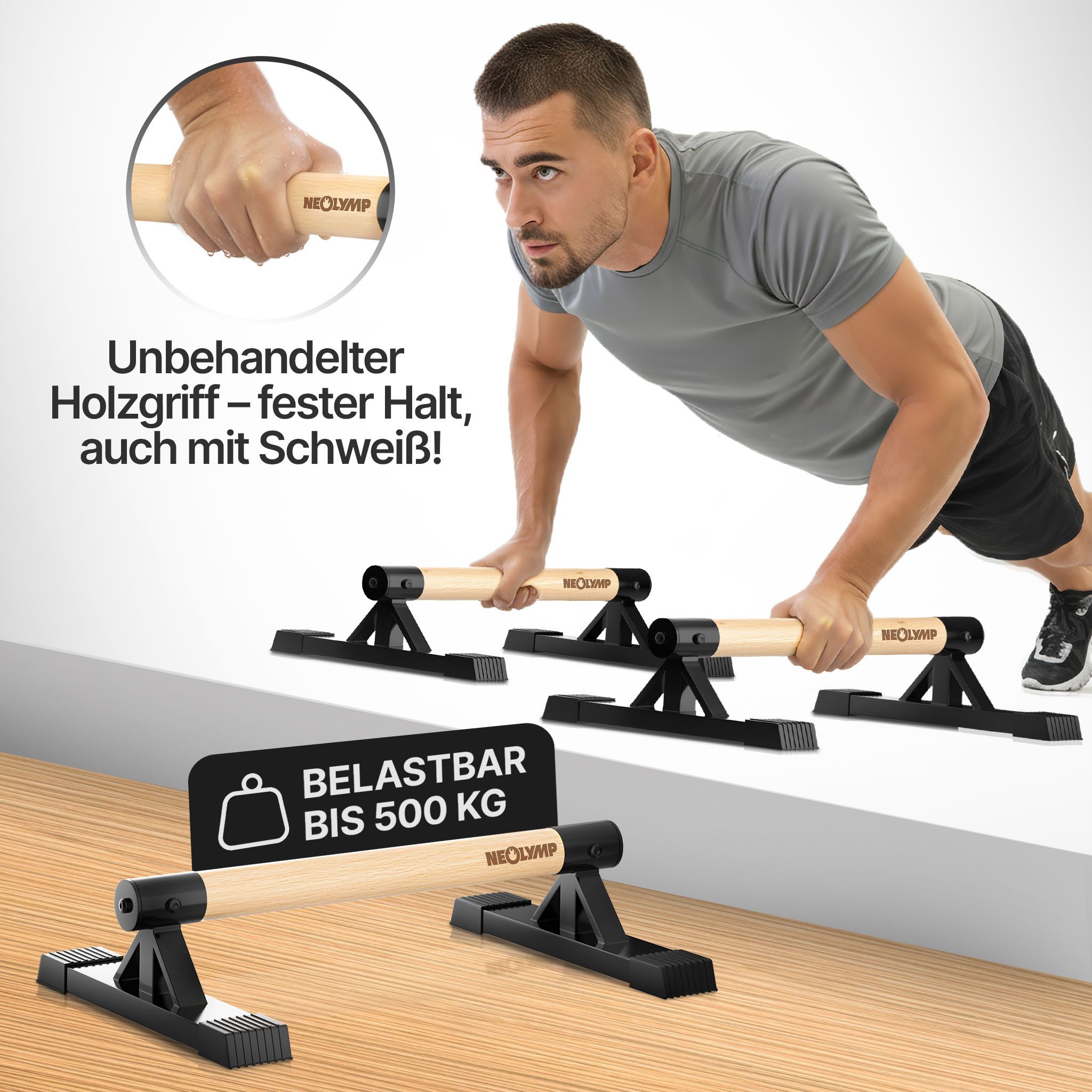 NEOLYMP Liegestützgriffe Parallettes Holz - Calisthenics Equipment Liegestützgriffe - Push Up (Set, Push Up Bars belastbar bis 500 kg - inkl. E-Book & Grip Tapes), Handstand Griffe aus massivem Holz & Stahl - rutschfest & ergonomisch