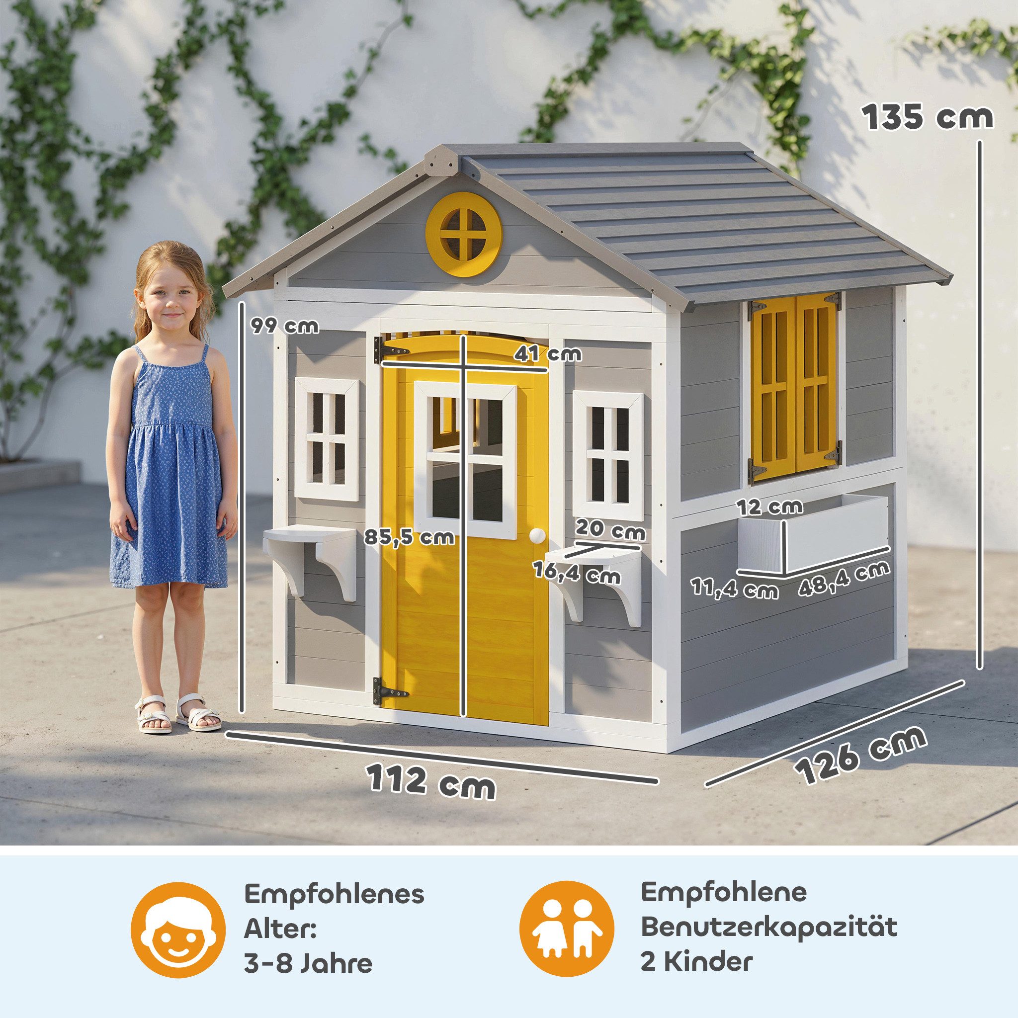 Outsunny Spielhaus Kinderspielhaus mit Tür 6 Fenster 2 Blumenkästen 2 Blumenständern, Wetterfestes Gartenhaus für Jungen und Mädchen von 3-8 Jahren Grau
