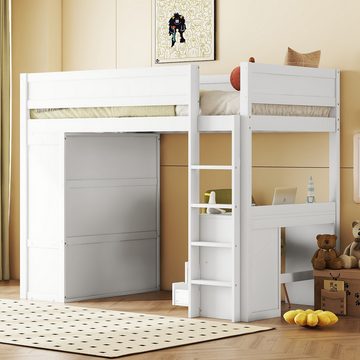 PFCTART Hochbett 90x200cm mit Rausfallschutz und Lattenrost, vielseitiges Kinderbett mit Kleiderschrank, Schreibtisch und Schubladen, Kinderbett