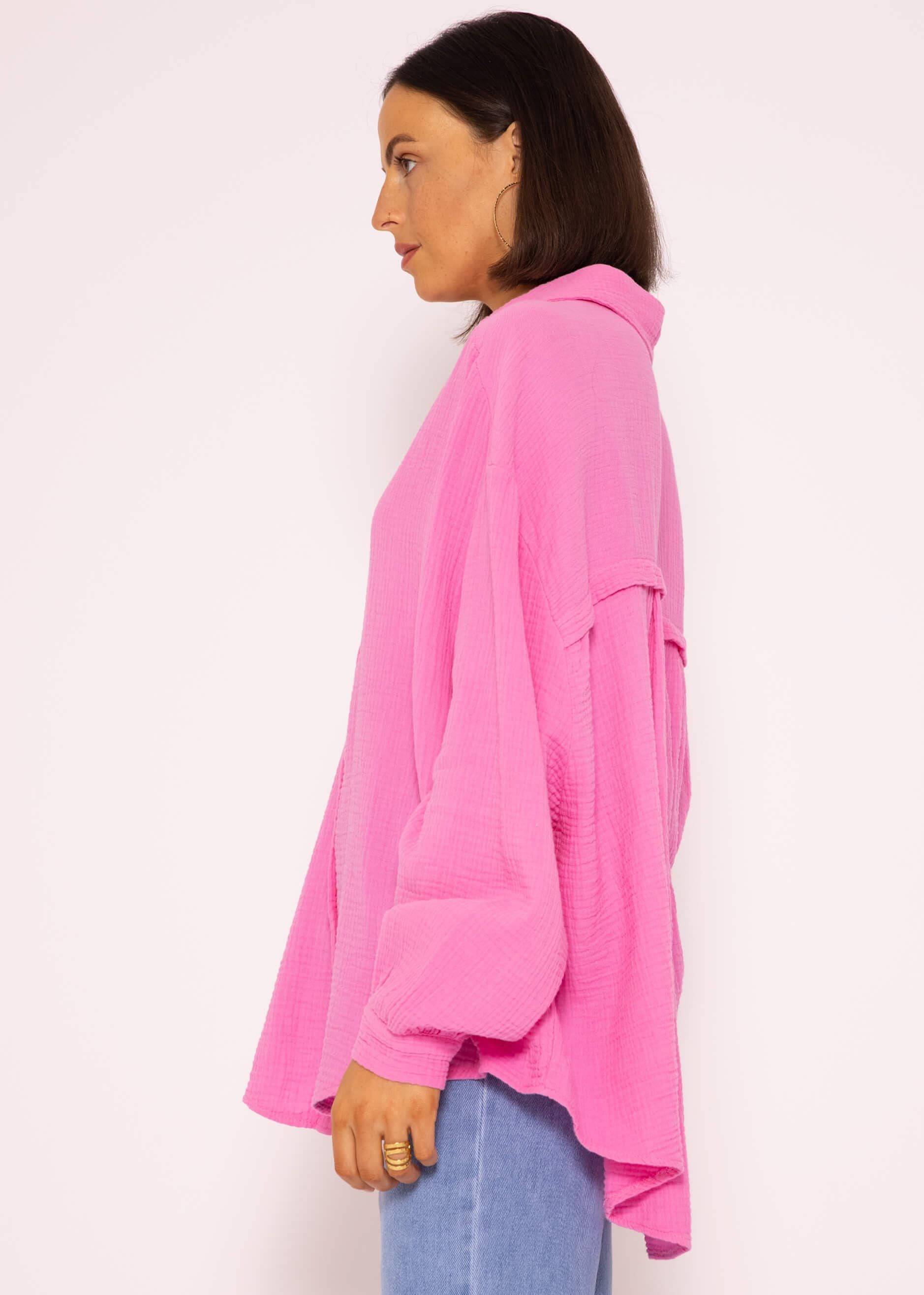 mit Damen Baumwolle Oversize lang (Gr. V-Ausschnitt, Hemdbluse Langarm 36-48) Longbluse One Musselin aus Size Bluse Pink SASSYCLASSY