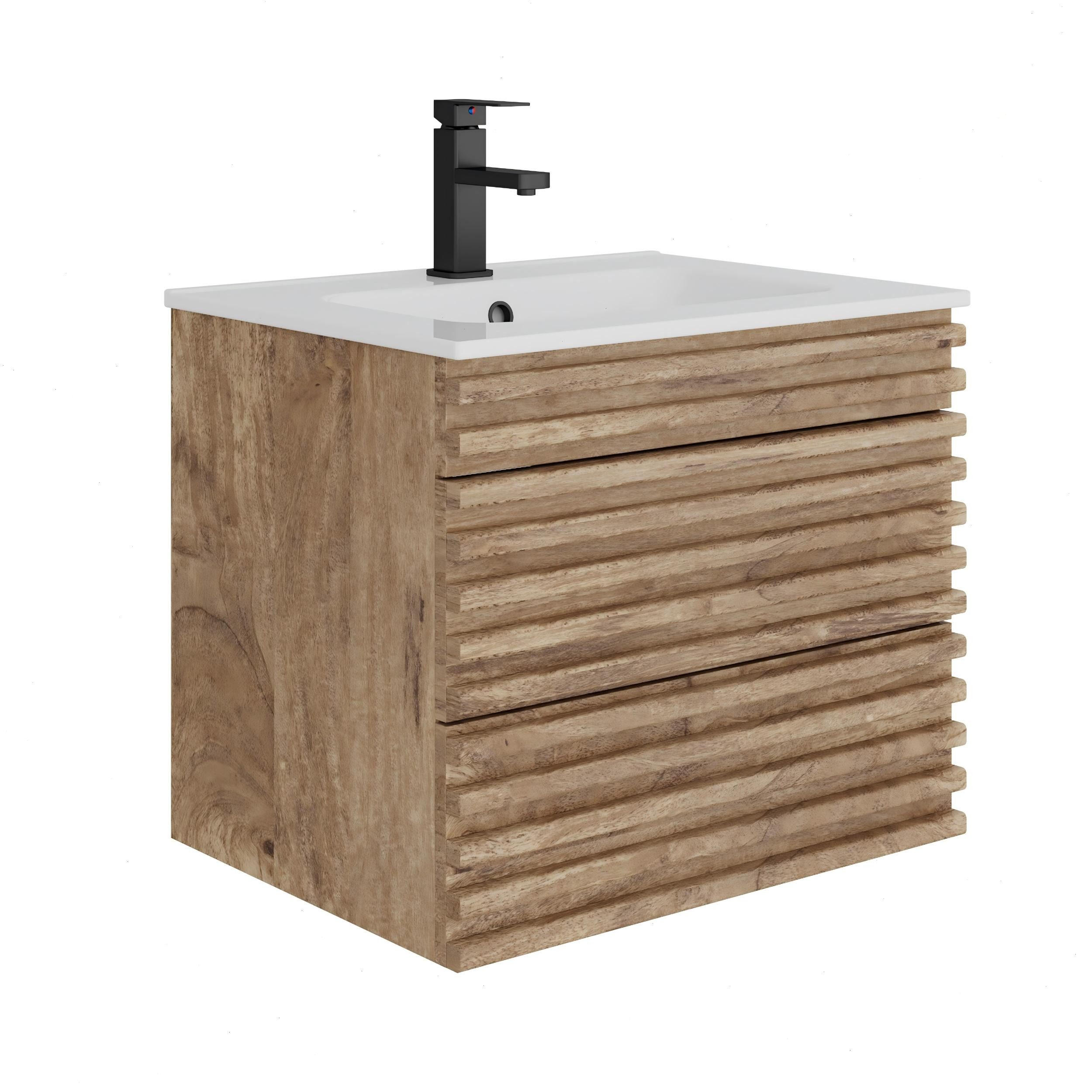 UEV Waschtisch mit Unterschrank, natur, 60cm/75cm/90cm hängend, Badezimmerschrank (Waschtischunterschrank, Badmöbel für Gäste WC, Natur, mit Wasserhahn und Pop-up-Ablassventil), Soft-Close-System, Unterschranke fürs Bad,Waschplatz