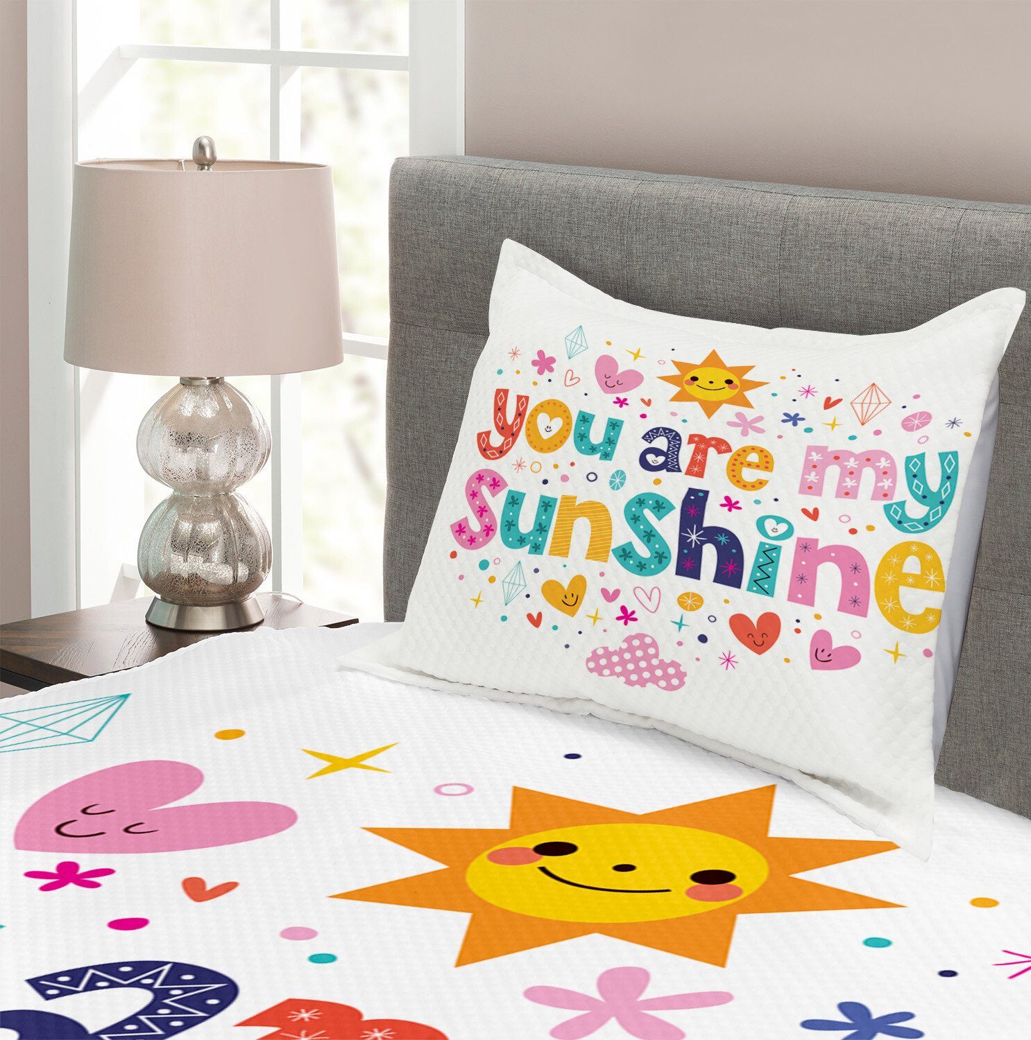 Kids Cartoon Herz Waschbar, Abakuhaus, Happy Sun Kissenbezügen Set mit Tagesdecke