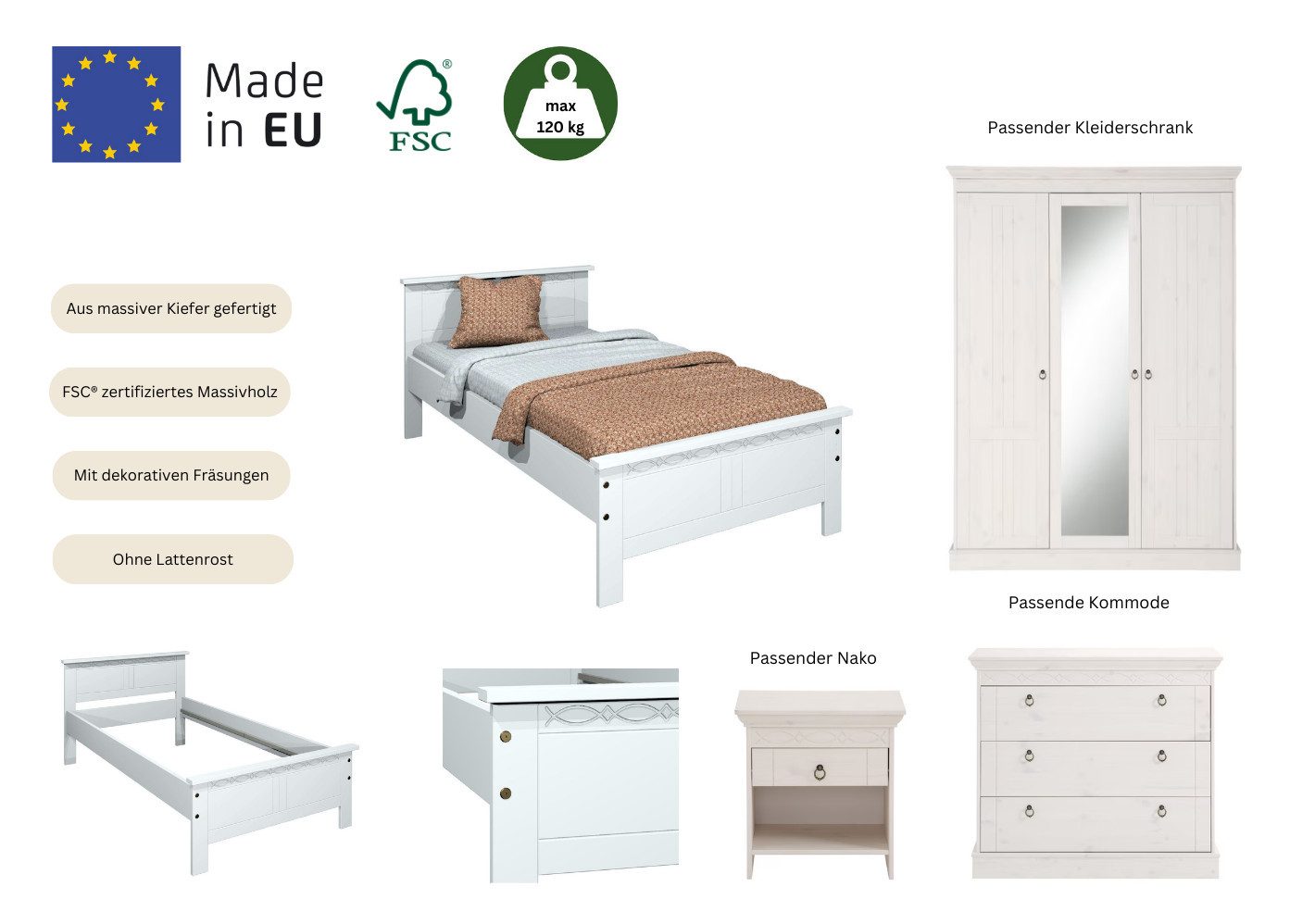 OTTO home Massivholzbett Indra, Landhausstil, edles Design,zertifiziertes Massivholz (Breite/Belastbarkeit 180cm/220 KG, 140cm/180 KG, 90cm/120 KG), mit Kopfteil, mit dekorativen Fräsungen, aus Kiefer