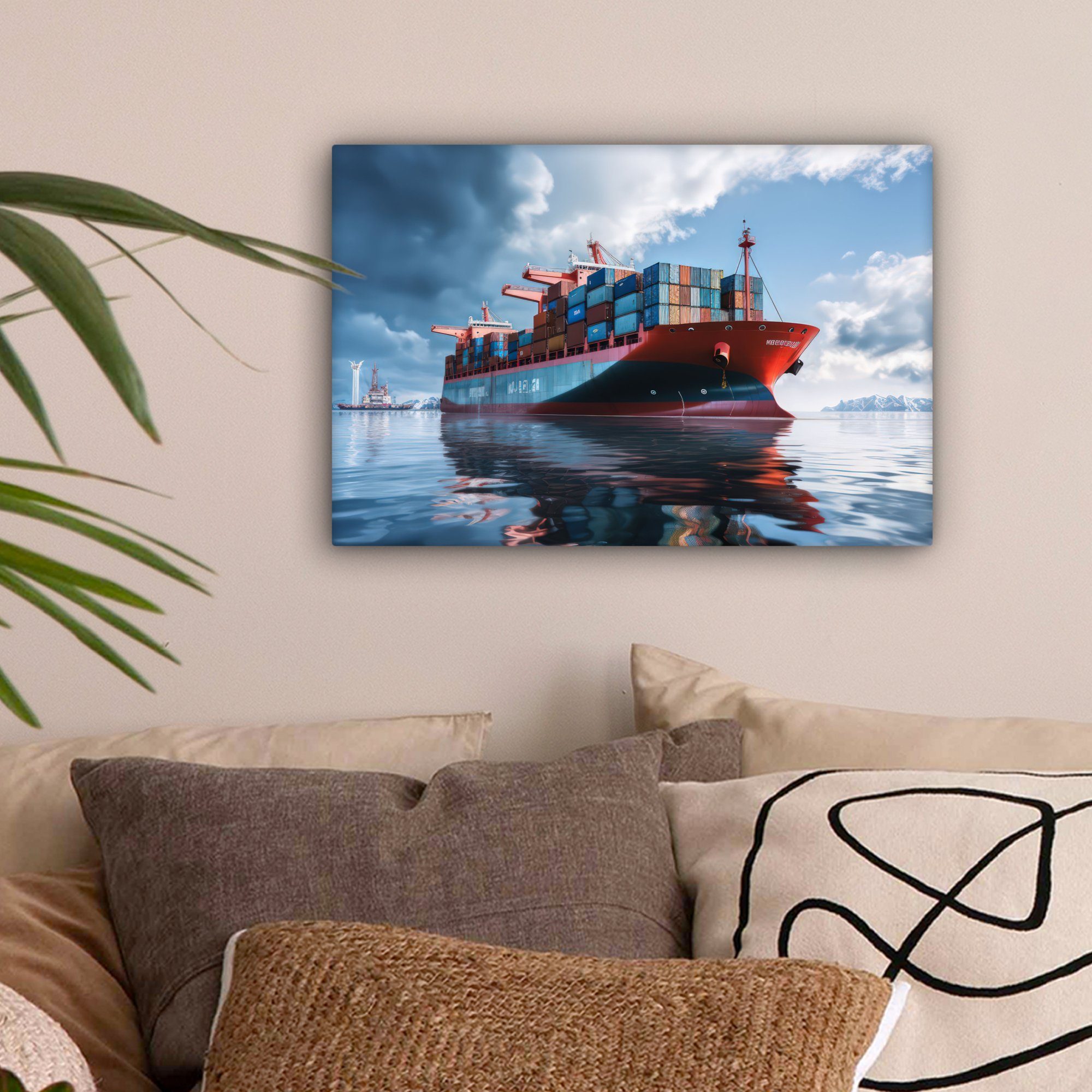 cm - Meer Leinwandbild 30x20 OneMillionCanvasses® Aufhängefertig, - Container (1 Wandbild - Wanddeko, Hafen, St), Frachtschiff Leinwandbilder, - Boot