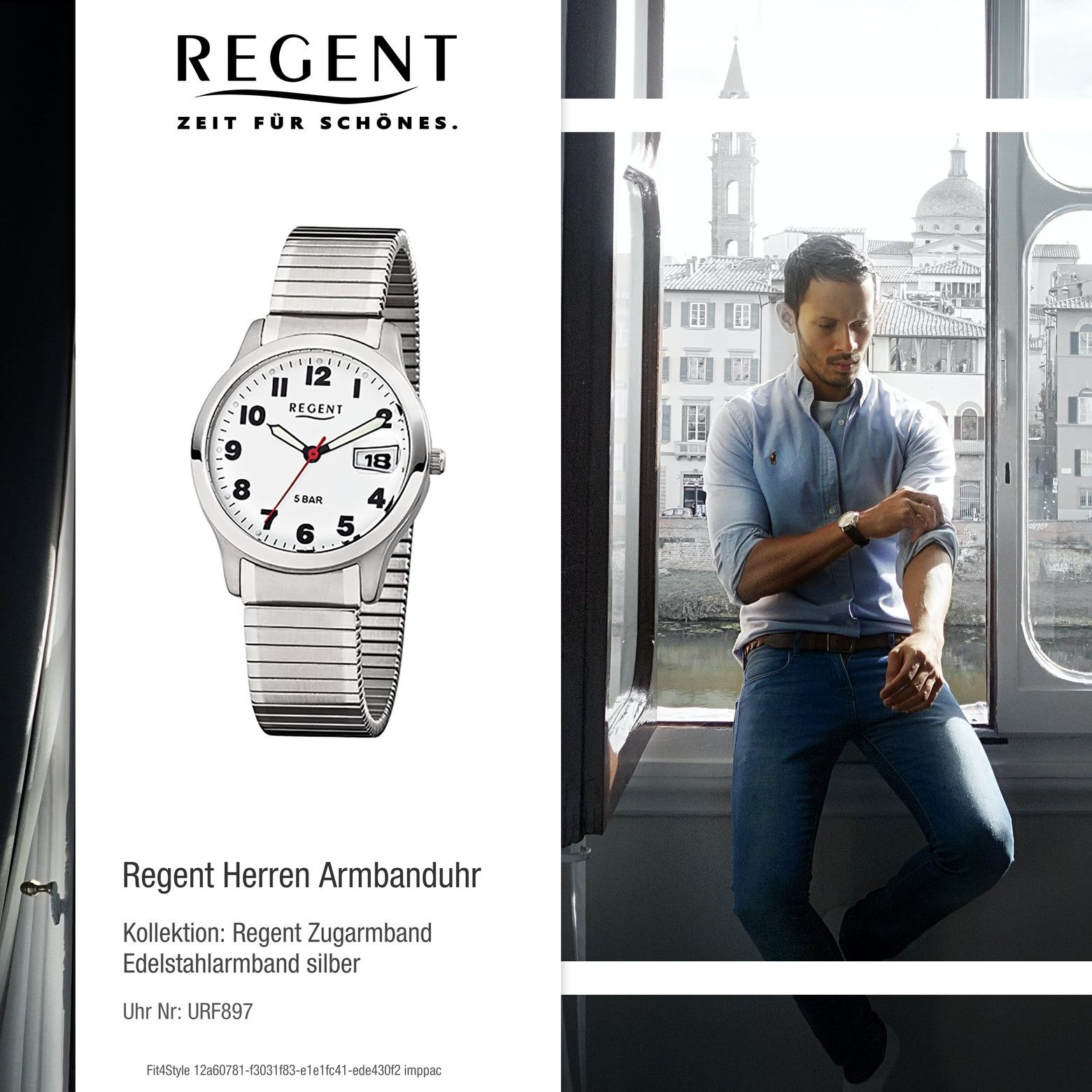 Regent Quarzuhr Regent Herren-Armbanduhr silber Analog, (Analoguhr), Herren Armbanduhr rund, mittel (ca. 37mm), Edelstahlarmband
