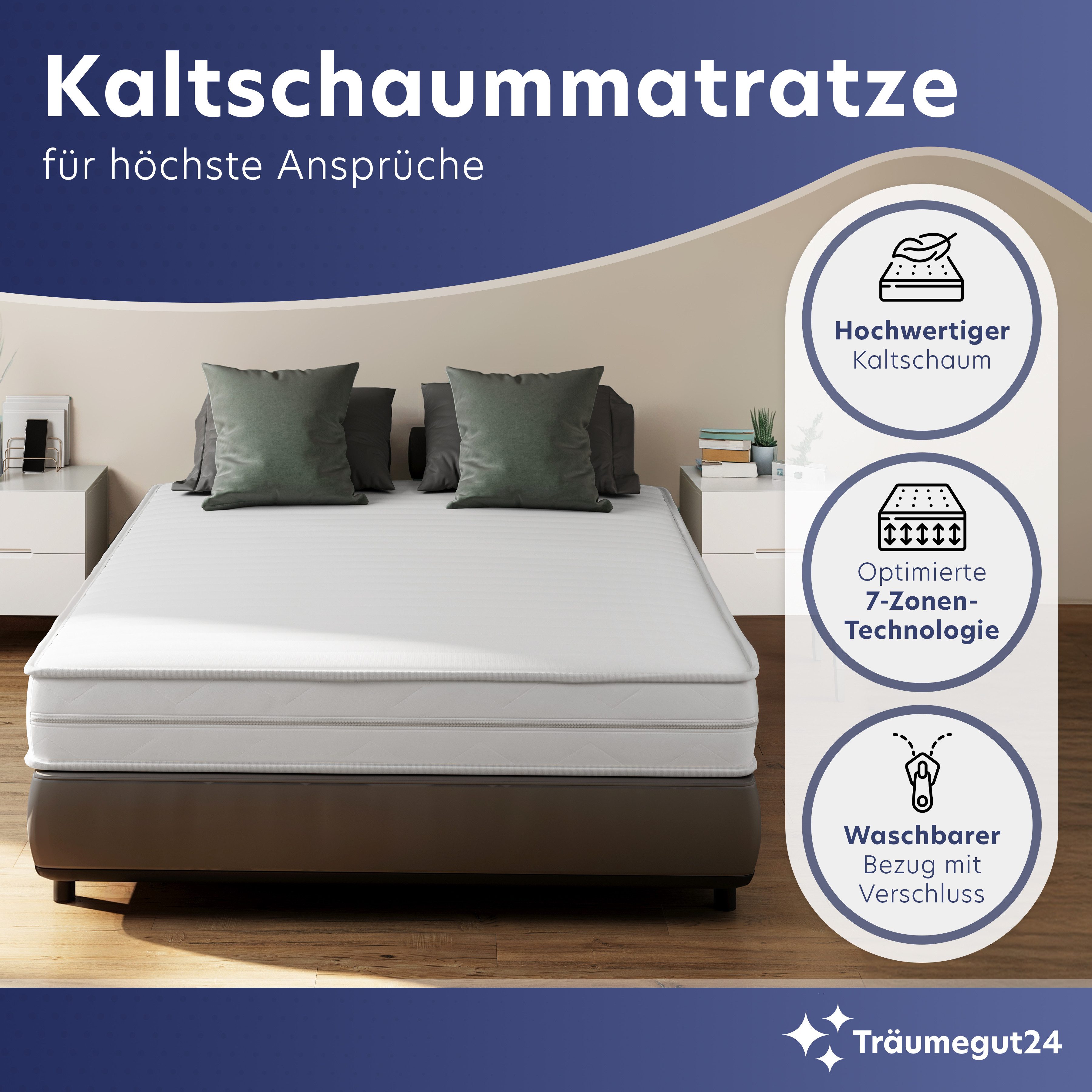 Kaltschaummatratze AquaFlex - 7-Zonen Wendematratze mit zwei Liegeseiten H3&H4, Träumegut24, verschiedene Größen, Höhen und Härtegrade