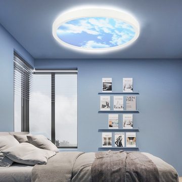 oyajia LED Deckenleuchte 24W Rund Badlampe Ø30 cm, Blauer Himmel und weiße Wolken Deckenlampe, LED fest integriert, ‎Kaltweiß, Wasserdichte IP44 Deckenleuchte, für Schlafzimmer Flur Küche