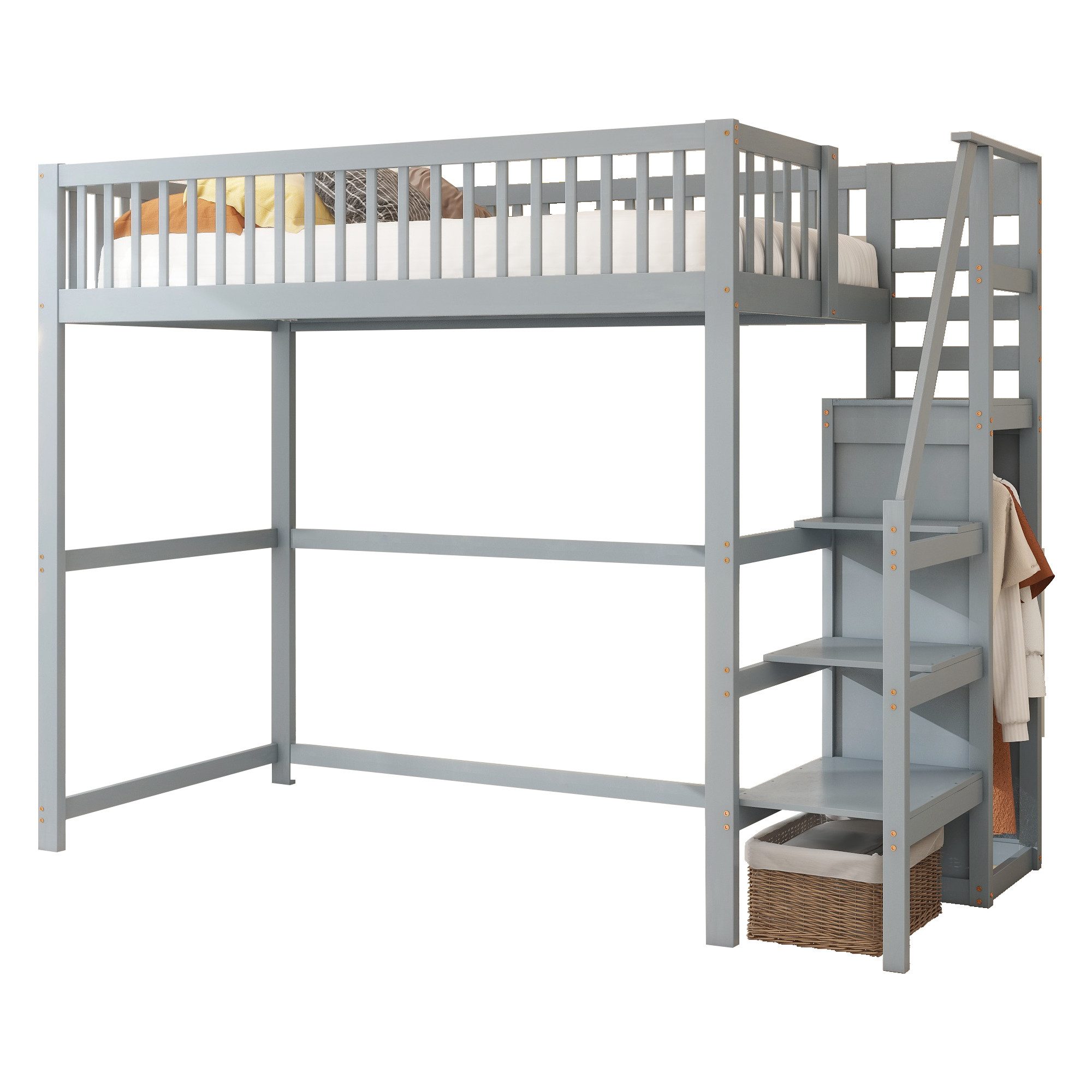 OKWISH Kinderbett Multifunktionales Hochbett mit Treppe,Stauraumbett günstig online kaufen