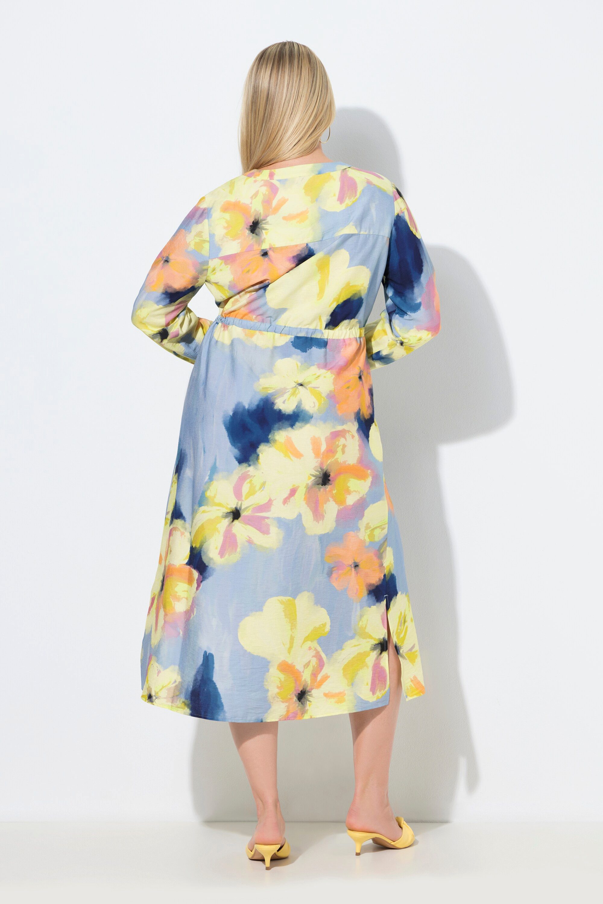 Ulla Popken Maxikleid Maxikleid Blüten A-Linie Tunika-Ausschnitt Langarm