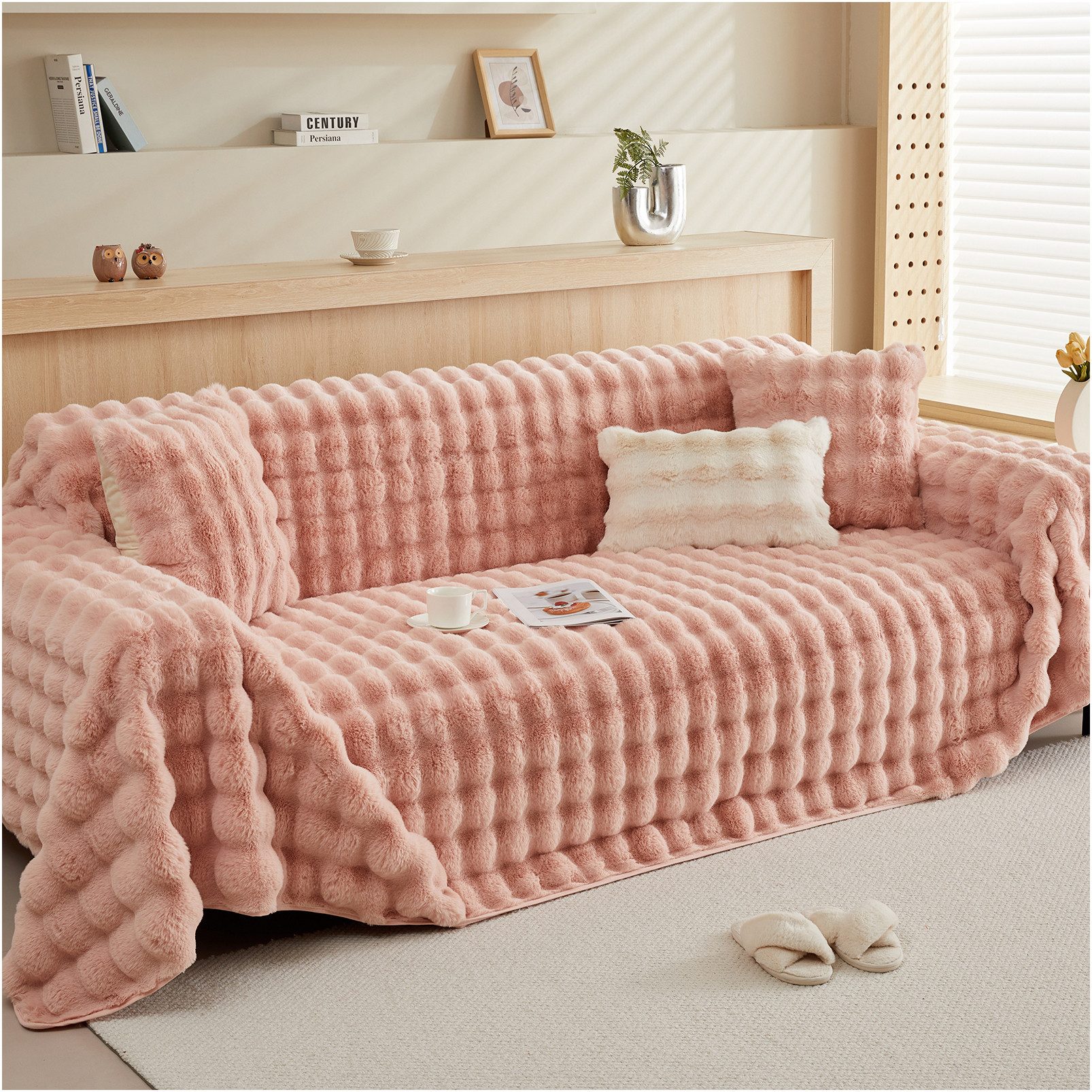 Sunicol Sofabezug Plüsch Dick Sofa Sitzkissenbezug, Couchbezug, Antirutsch, Winter Warme, Superweiche SofaÜberwurf aus Kunstpelz für Wohnzimmer