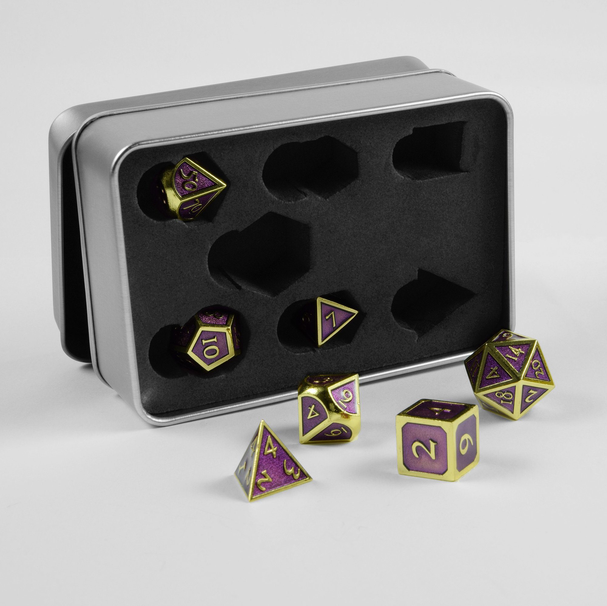 SHIBBY Spielesammlung, 7 polyedrische Metall-DND-Würfel in Steampunk Optik, inkl. Aufbewahrungsbox Gold/Lila