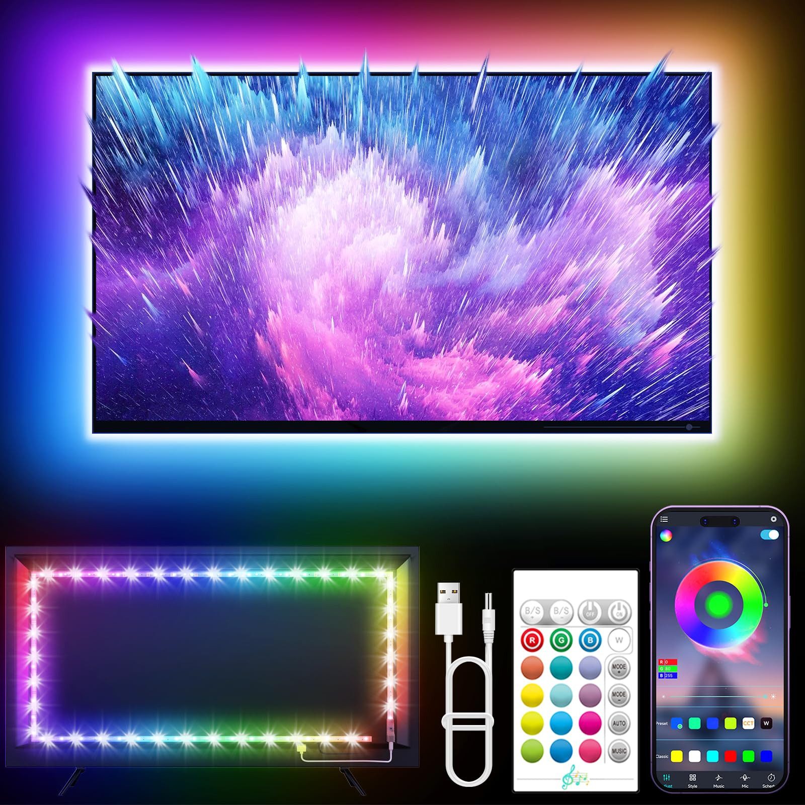 Lapalife LED-Streifen USB TV-Hintergrundbeleuchtung mit Musik Sync, RGB LED TV Lichter, Mit Fernbedienung, Bluetooth App, für HDTV & Zimmer