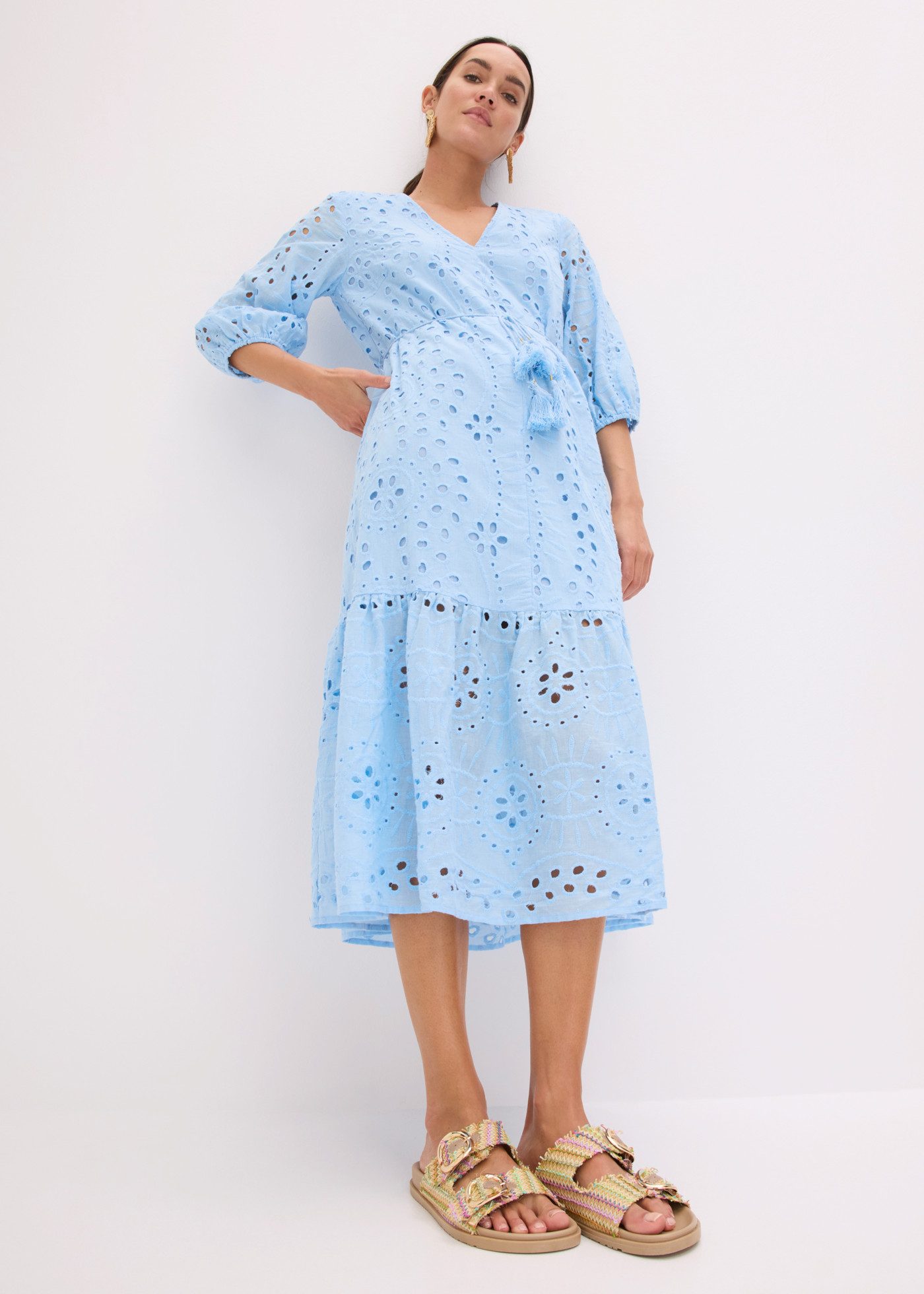 bonprix Midikleid mit V-Ausschnitt, ausgestellte Passform, aus Baumwolle
