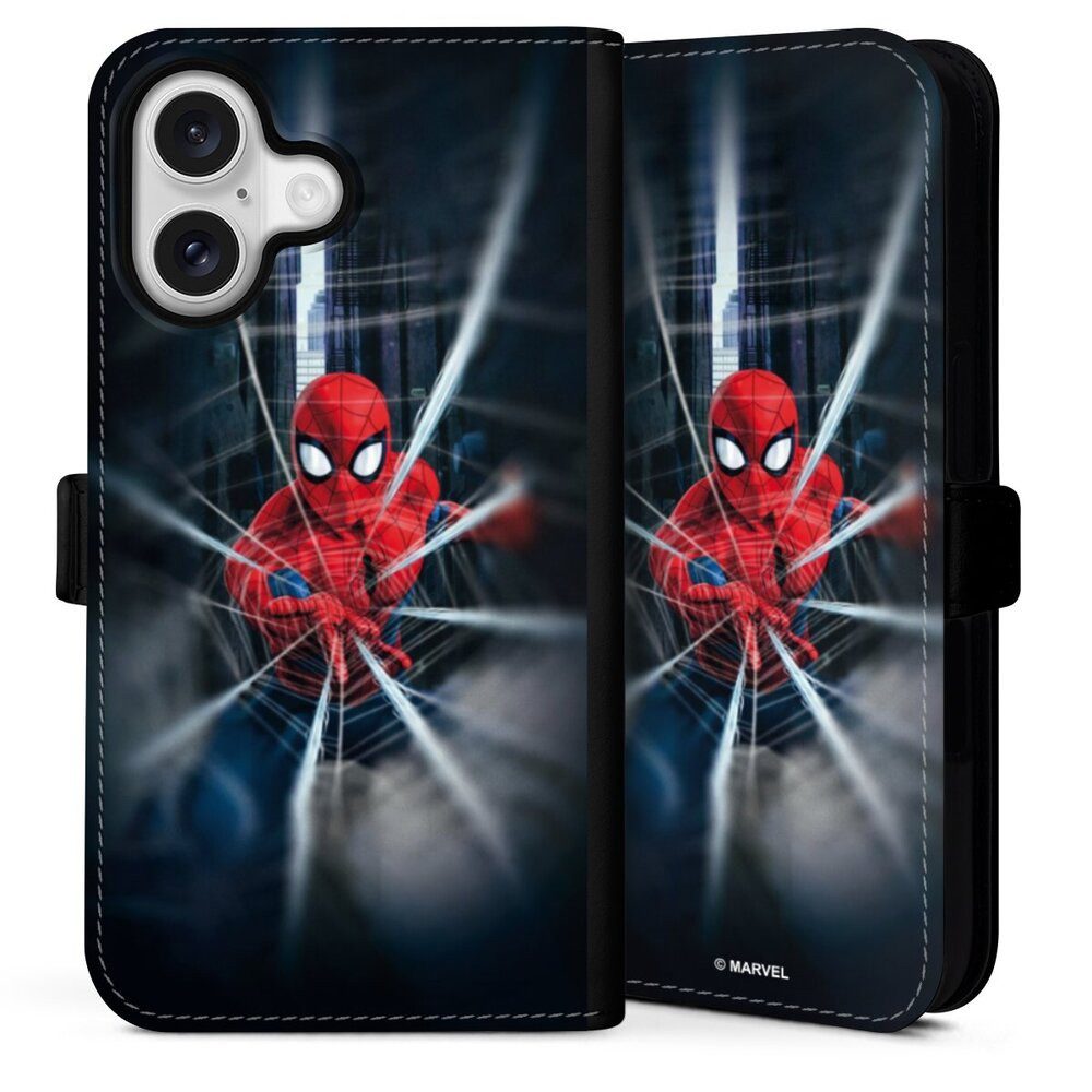 DeinDesign Handyhülle Marvel Kinofilm Spider-Man Webs In Action, Apple iPhone 16 Hülle Handy Flip Case Wallet Cover Handytasche Leder