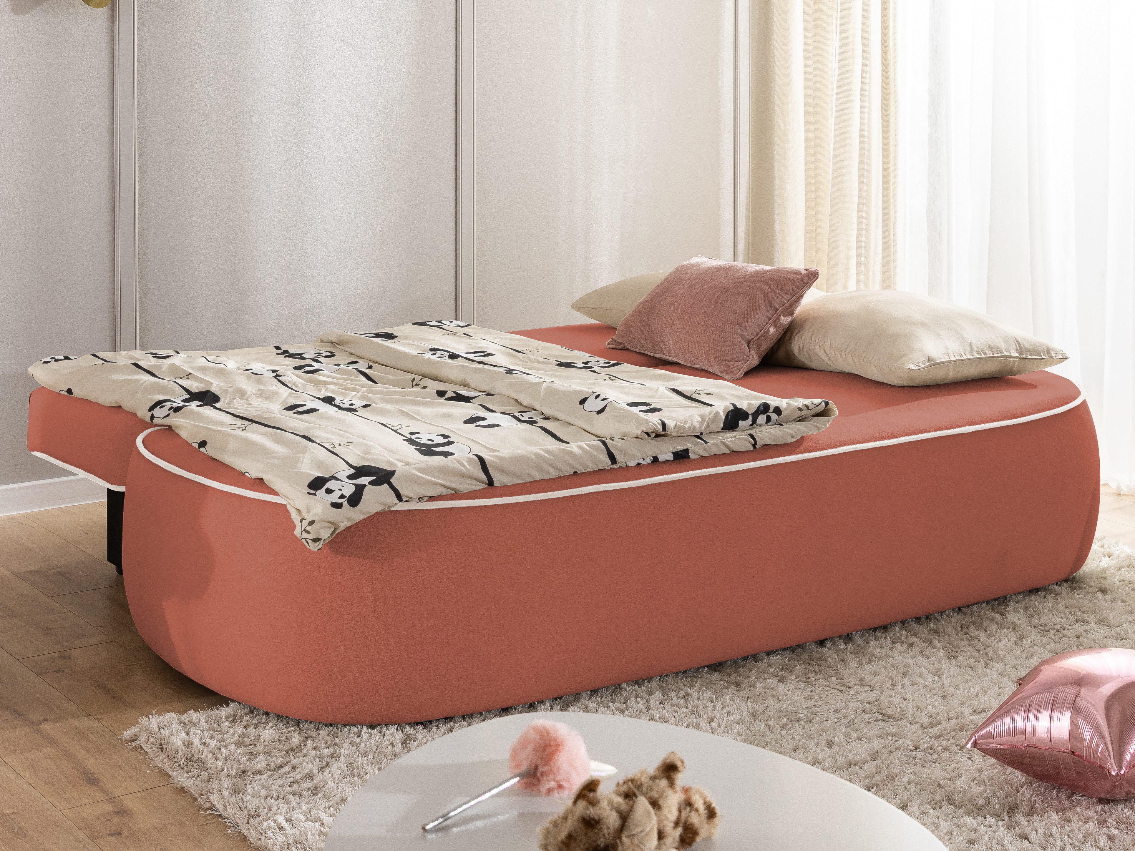 S-Style Möbel Kindersofa Vero mit Schlaffunktion, Bettkasten und Kontrastpaspel aus Plüschstoff, im modernen und abgerundeten Design