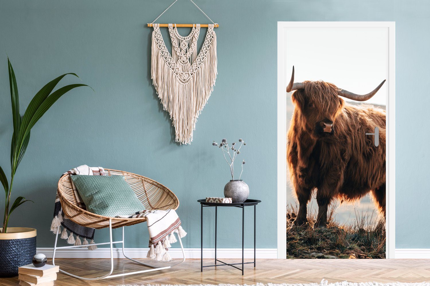 MuchoWow Türtapete Schottische Highlander - Türaufkleber, - Natur, Kuh Matt, (1 für bedruckt, cm - Ländlich 75x205 Landschaft Tiere St), - - Tür, Fototapete