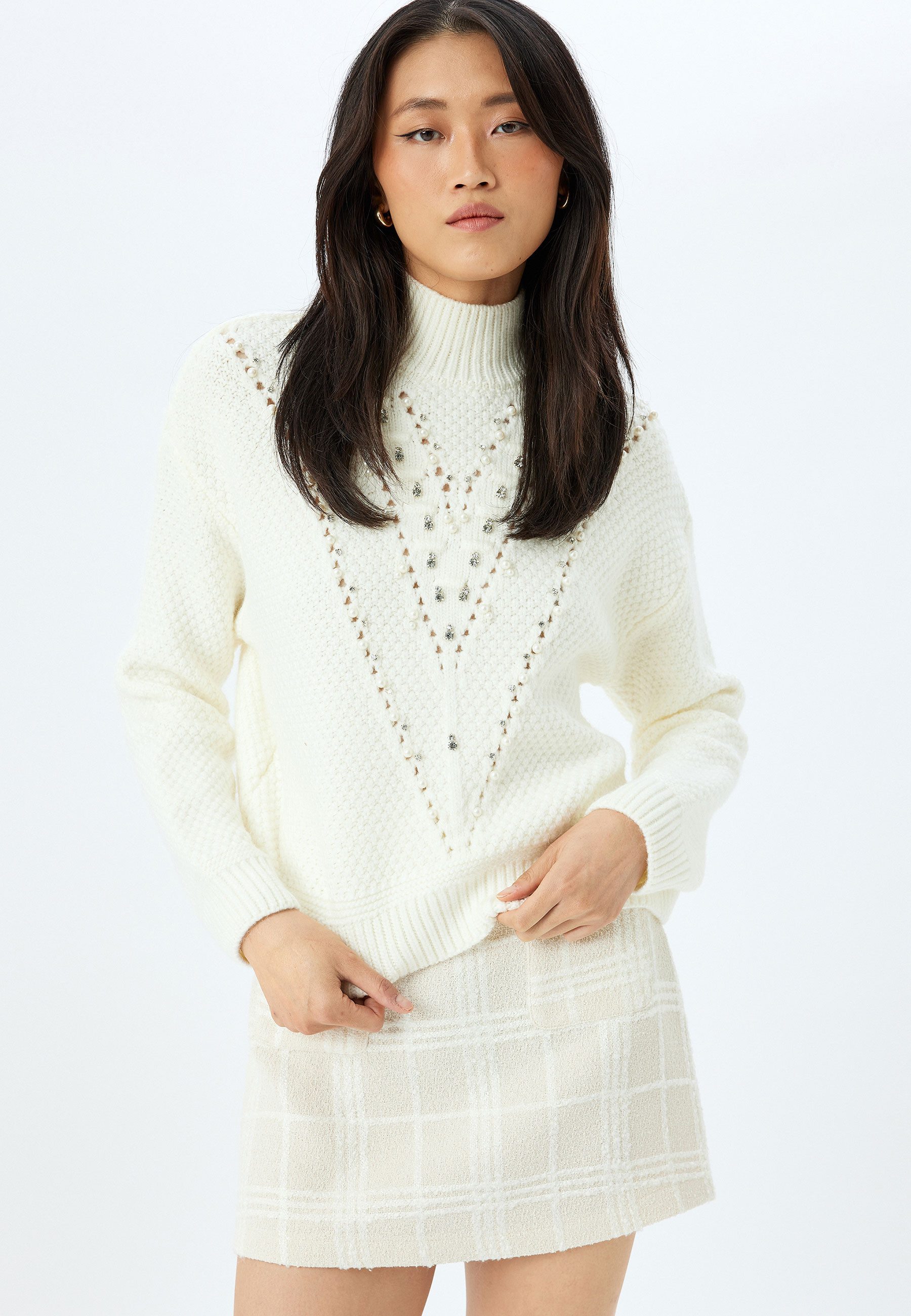 Koton Sweater Standkragen Mit Perlen Sweater