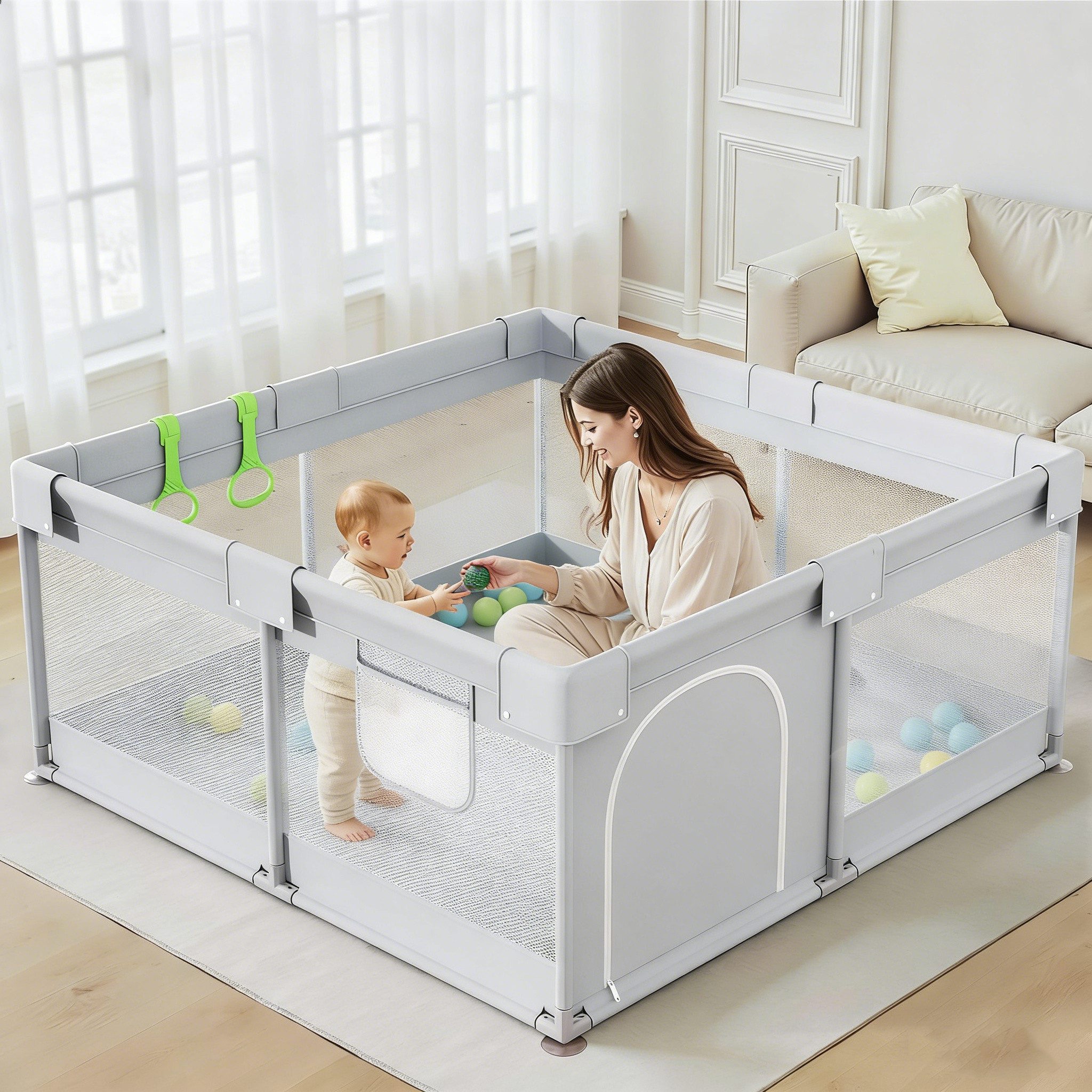 MC Star Laufstall für Babys, 120 x 120 cm, kleines Laufgitter (mit atmungsaktivem Netz (Grau, 120 x 120 cm)