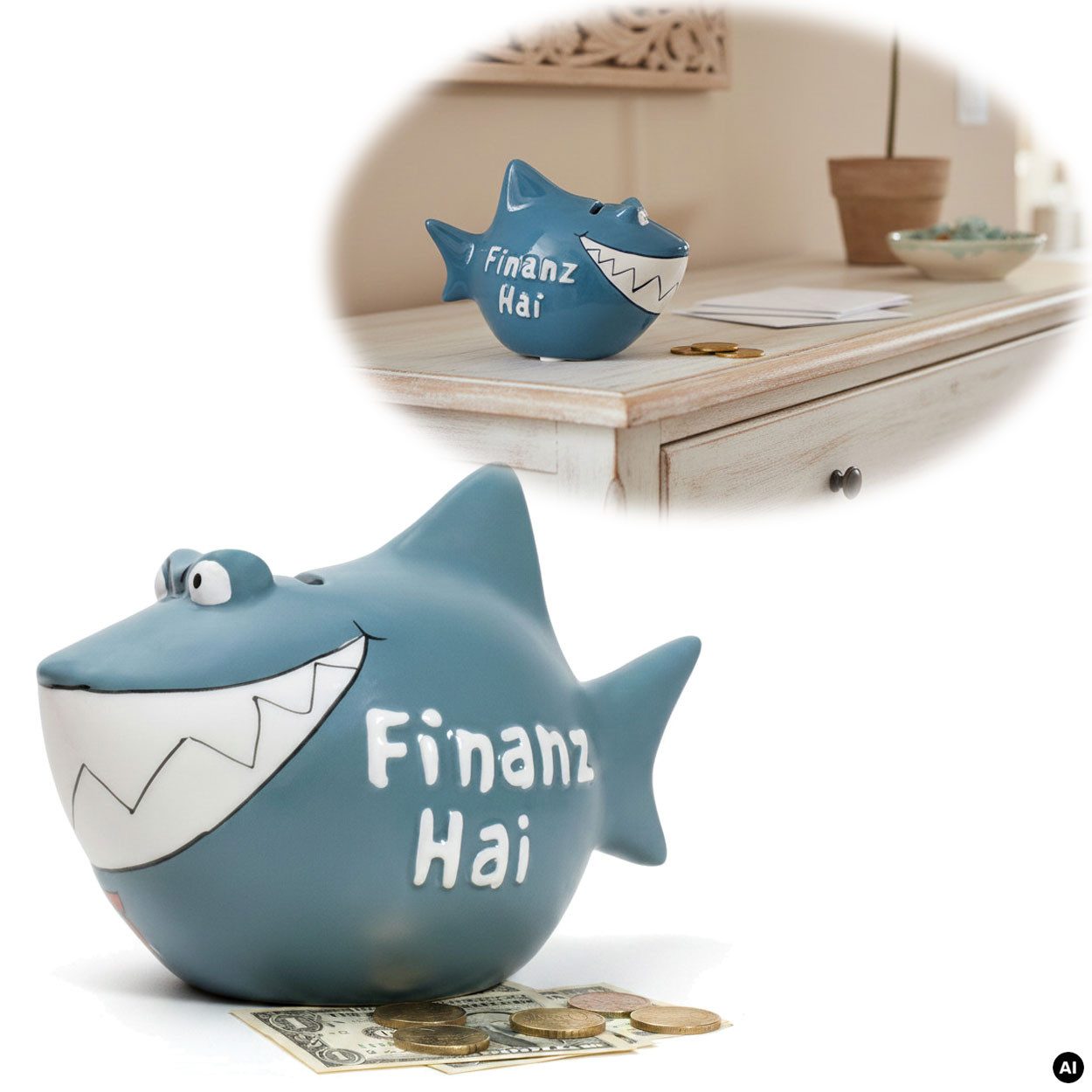 LS-LebenStil Spardose Keramik Sparschwein Spruch Finanz-Hai Blau Weiß Gold Sparbüchse, (perfekt als Geschenk zum Geburtstag Hochzeit oder Verlobung, Taufe, 1-tlg., 100% von Handbemalt, mit Filzgleiter - keine Kratzer), Exklusives Design, Originelle lustige Sprüche