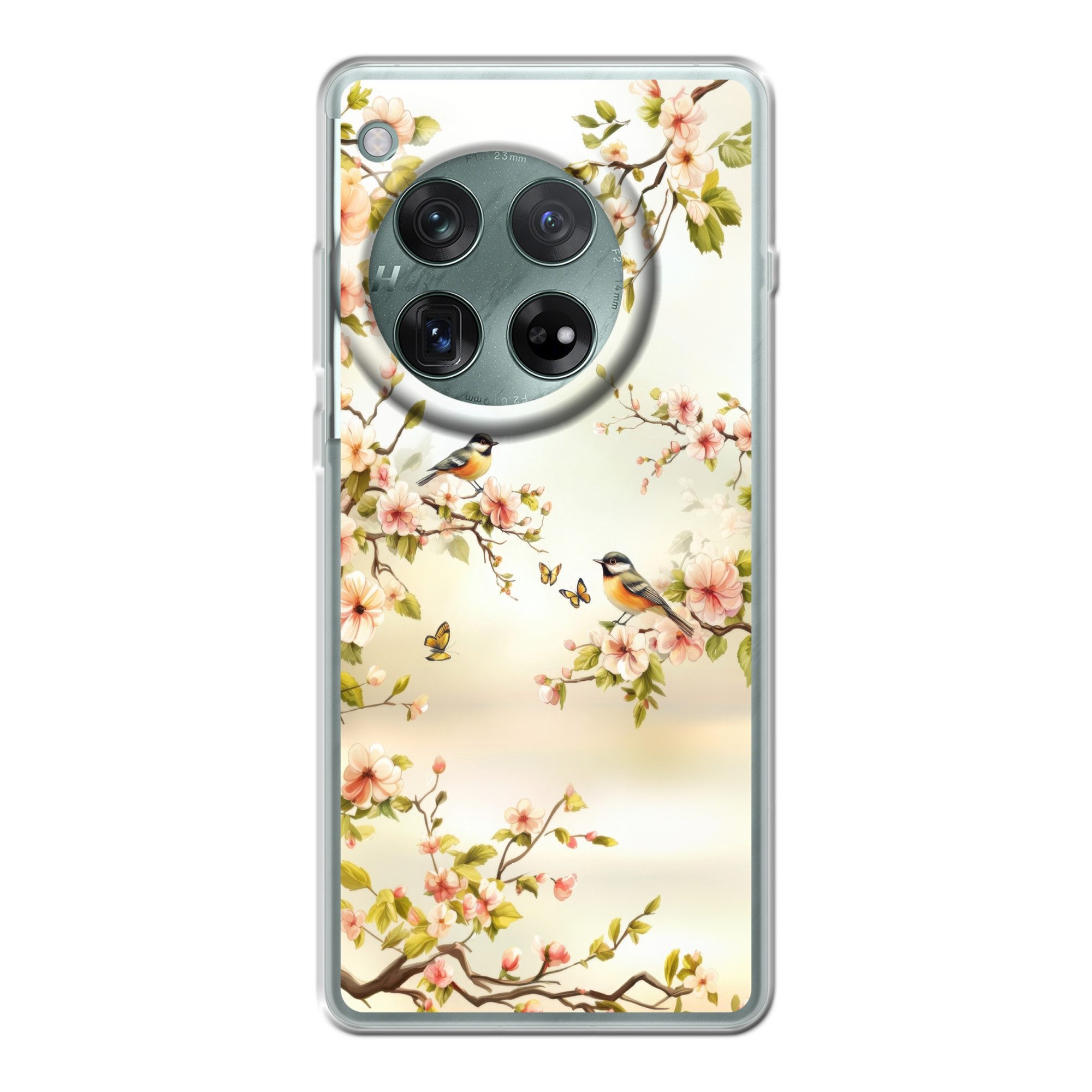 MuchoWow Handyhülle für OnePlus 12r Äste - Blumen - Vögel - Rosa, Handy Case, Silikon, Bumper Case Dünn