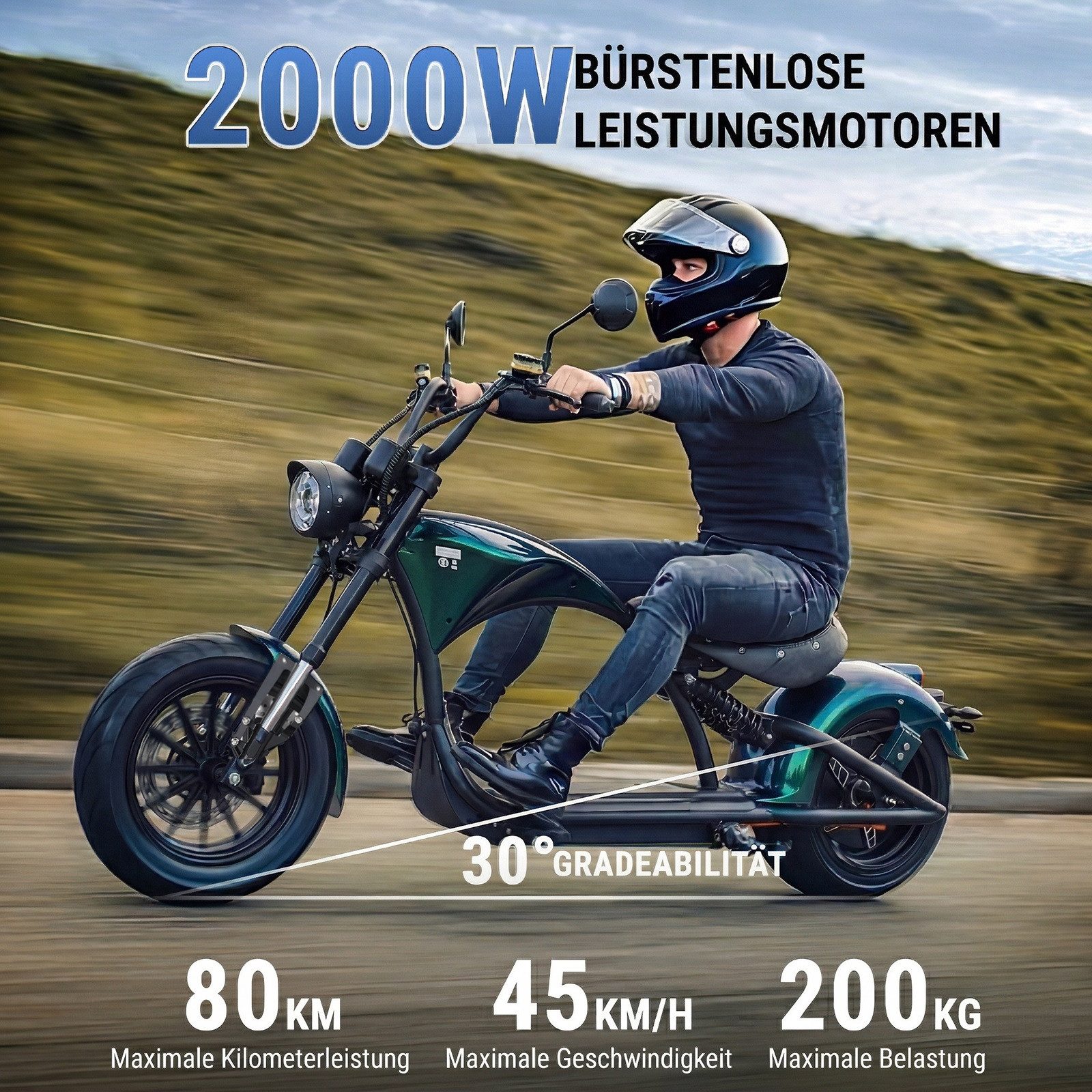 Vankel E-Motorroller M1P E-Chopper 2000W, 1800Wh, 80km Reichweite, Retro-Elektro-Scooter, 2000 W, 45 km/h, Straßenzugelassener E-Chopper für Stadt & Freizeit, & 200kg Zuladung