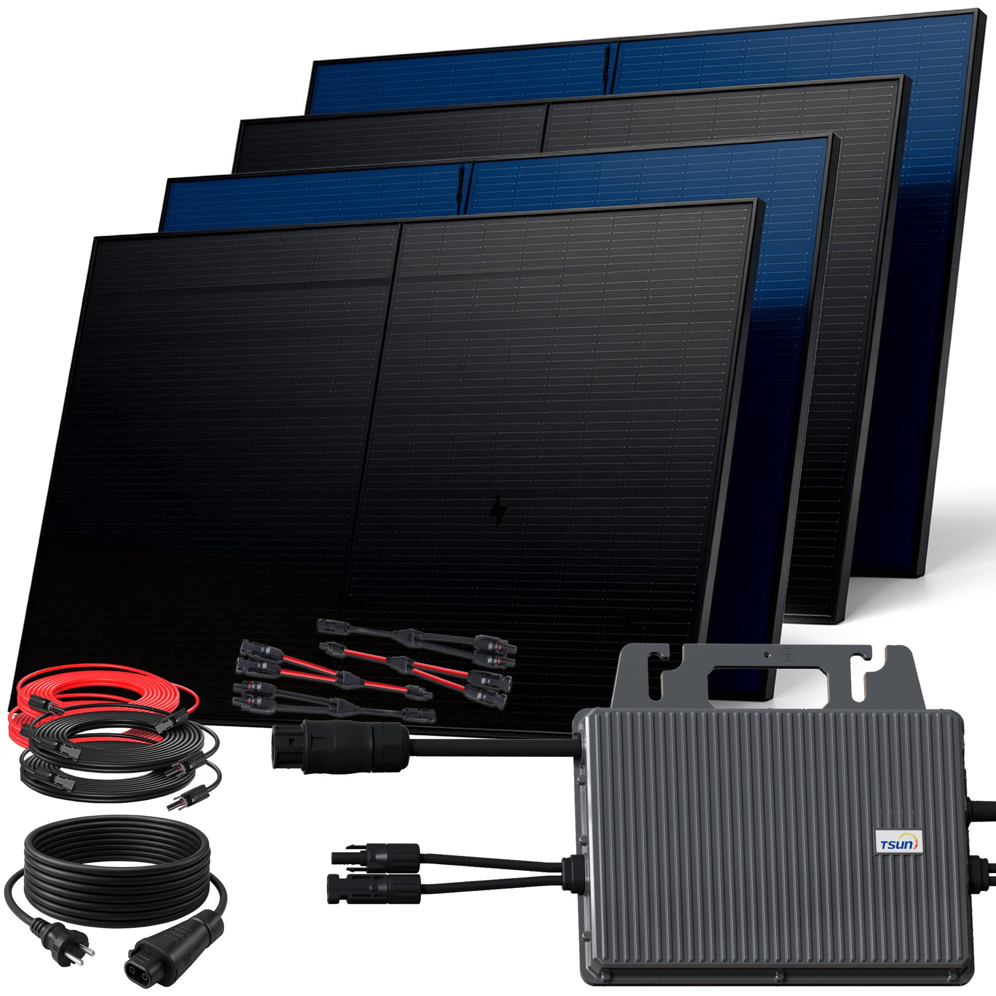 SUNNIVA Balkonkraftwerk 2000W BIFAZIAL FULLBLACK komplett Steckdose, (TSUN 800W Wechselrichter, PV Solaranlage, 4x 500W Glas Solarmodule, inkl. 5m Kabel, Bluetooth WIFI, Komplettset)