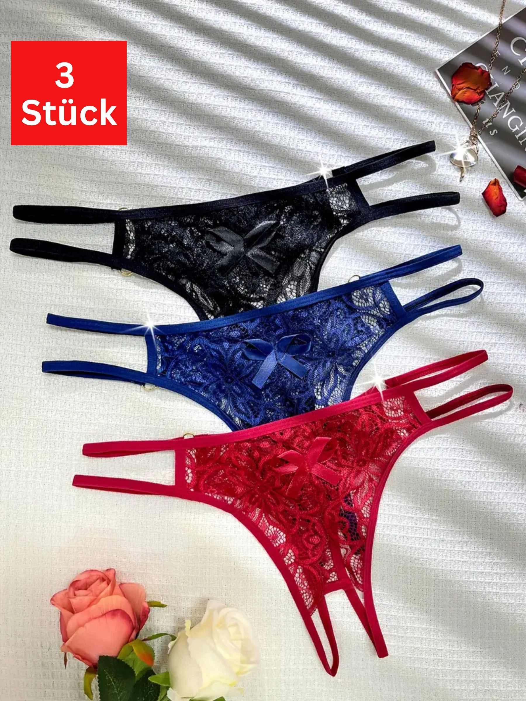 String-Ouvert Spitzen-Tangas – Sexy Damen-Strings mit Doppelträgern & Satinschleife